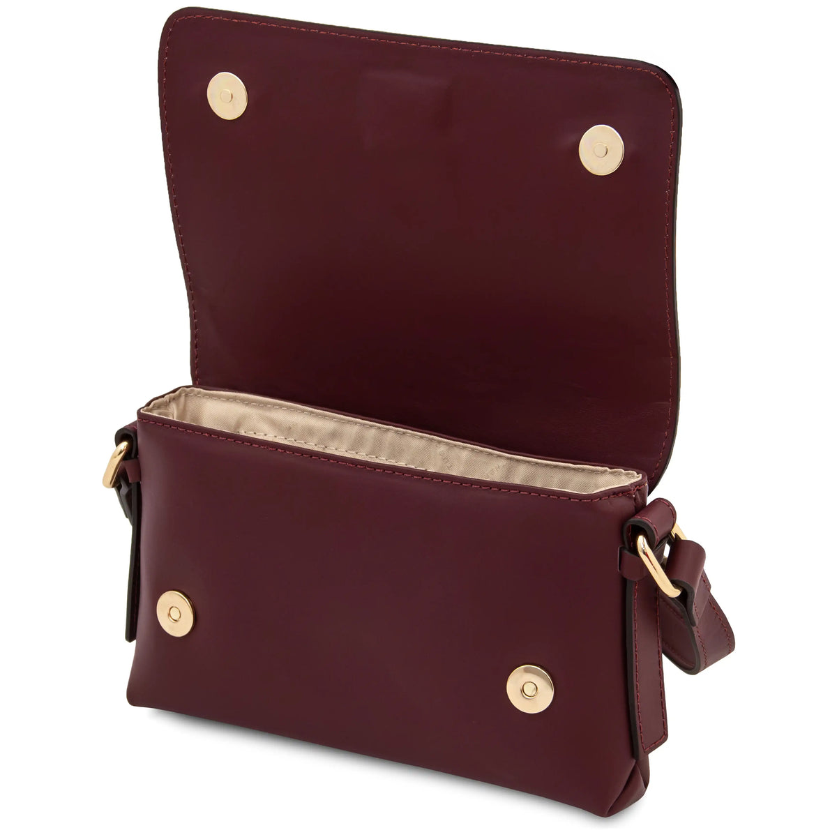 A burgundy leather crossbody handbag with an open flap, showing a beige lined interior and gold-tone magnetic buttons, photographed on a white background.