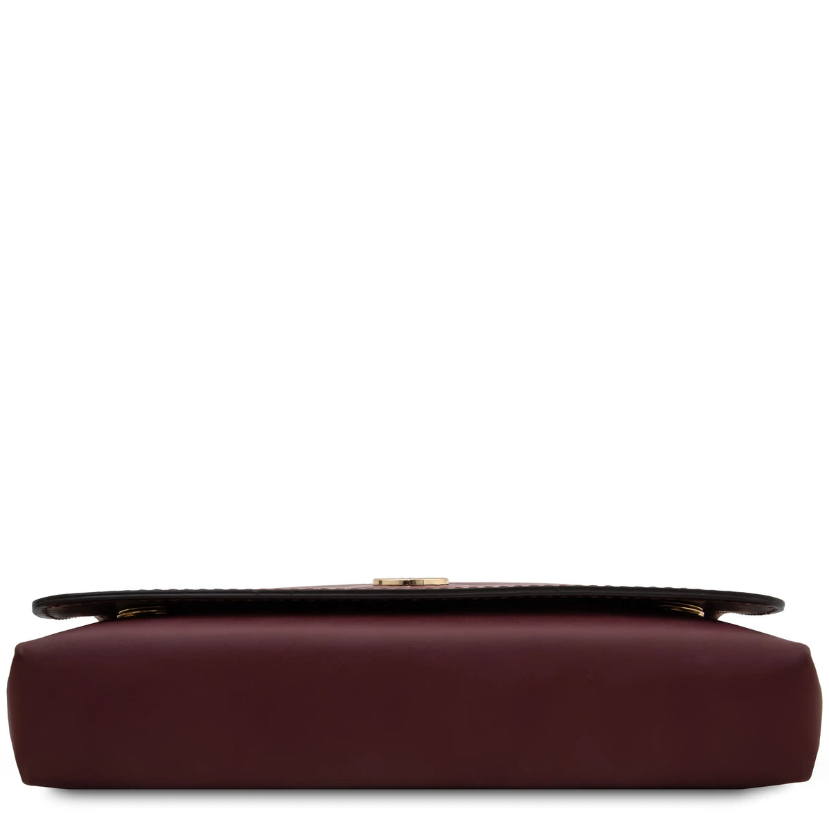 A close-up, front-facing, bottom view of a burgundy leather handbag with a gold-tone hardware, set against a plain white background.