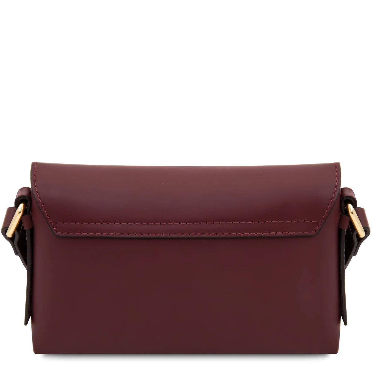 Back view of a burgundy leather crossbody bag with a flap closure and gold-tone hardware, shown against a plain white background.