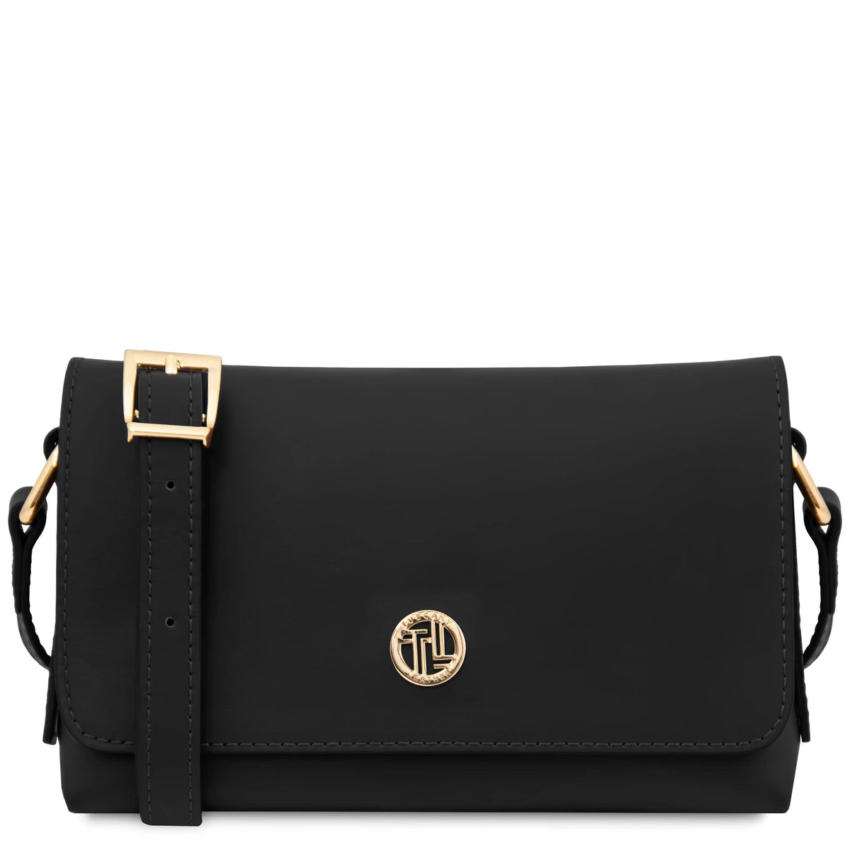 A black leather crossbody bag with a gold-tone buckle and a circular gold-tone logo on the front, displayed against a solid white background.