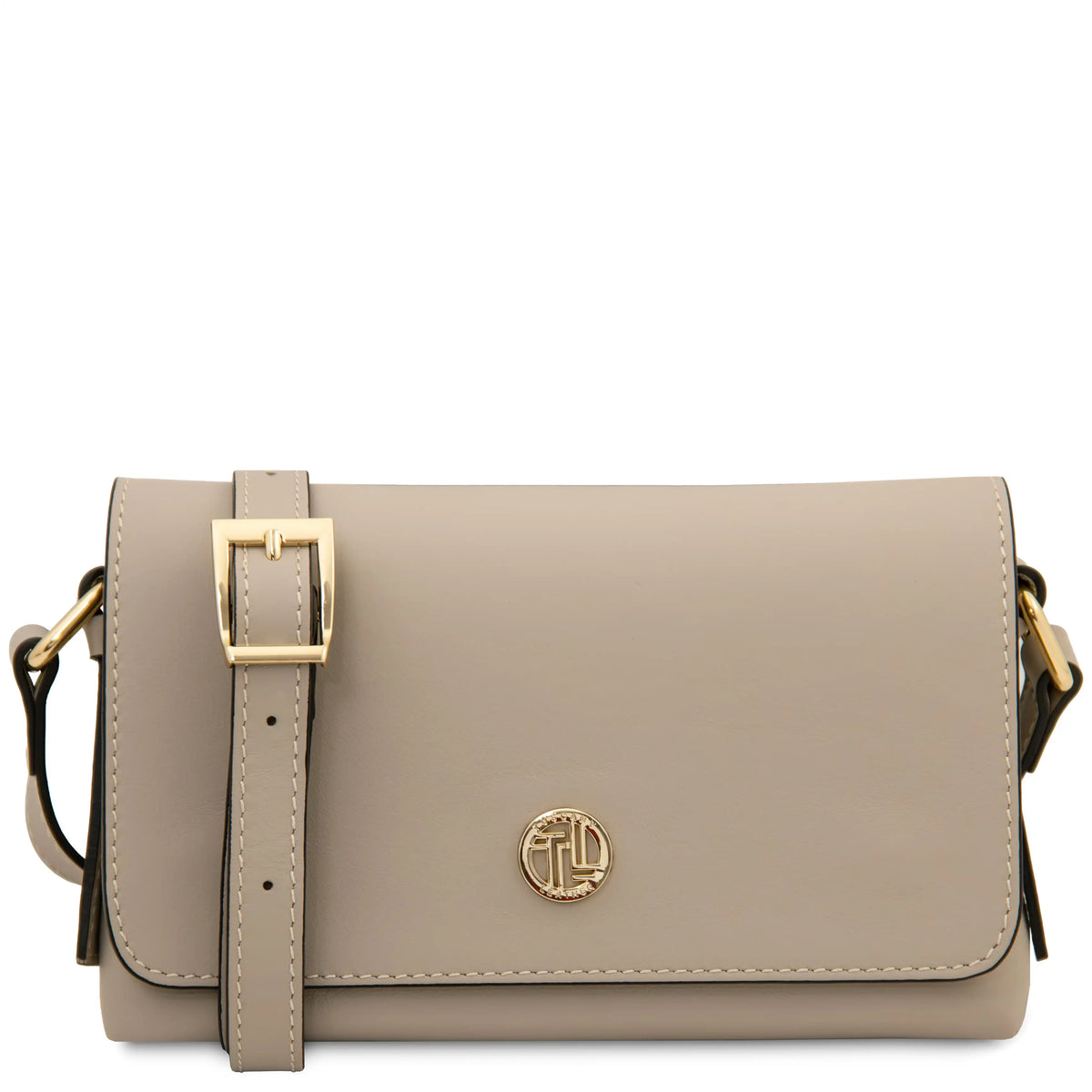 A light taupe leather crossbody bag with a gold-tone circular TL logo on the front flap, and a matching buckle strap shown against a plain white background.