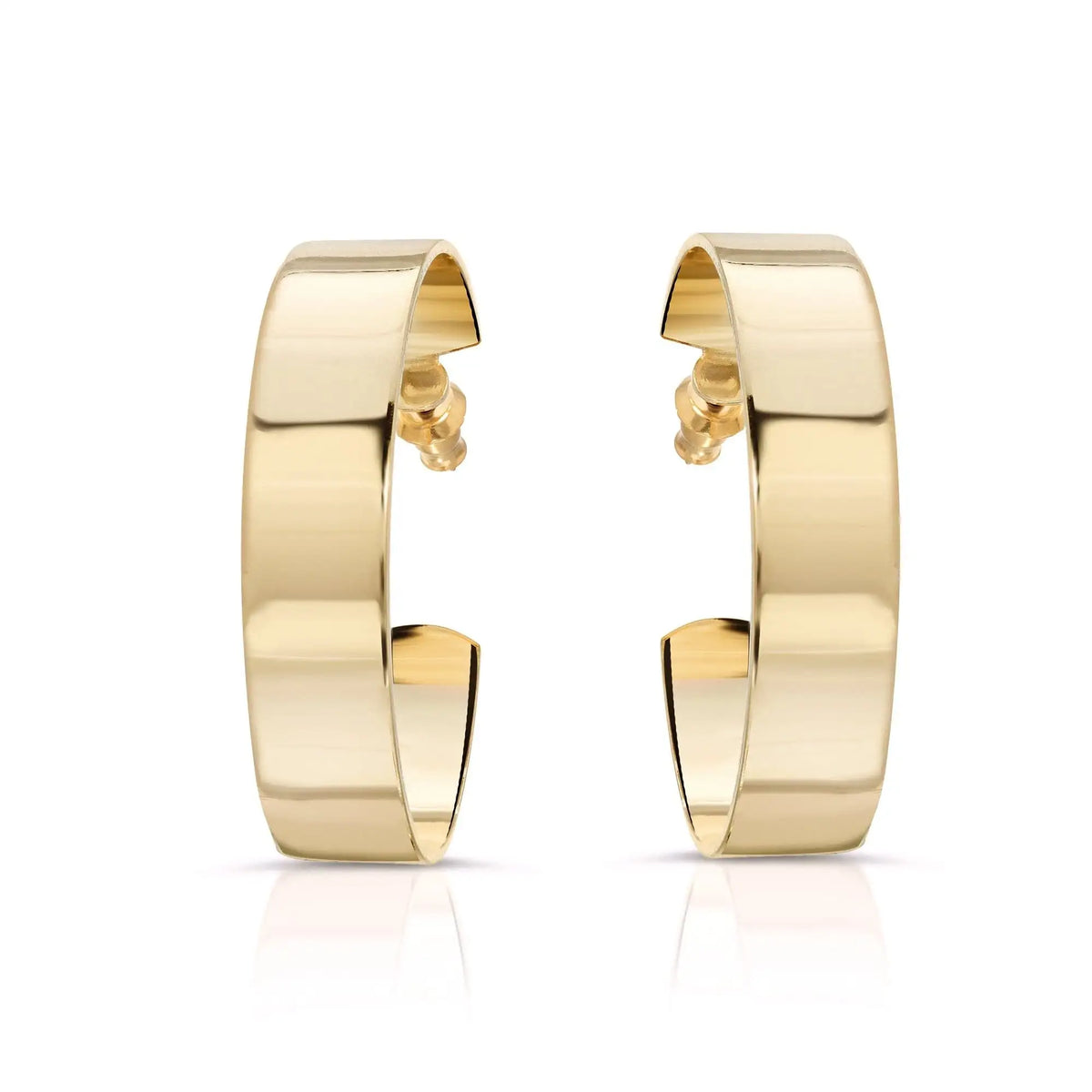 A pair of polished gold hoop earrings with a modern, wide flat profile and open back clasp design, shown on a clean white background with a soft reflection.