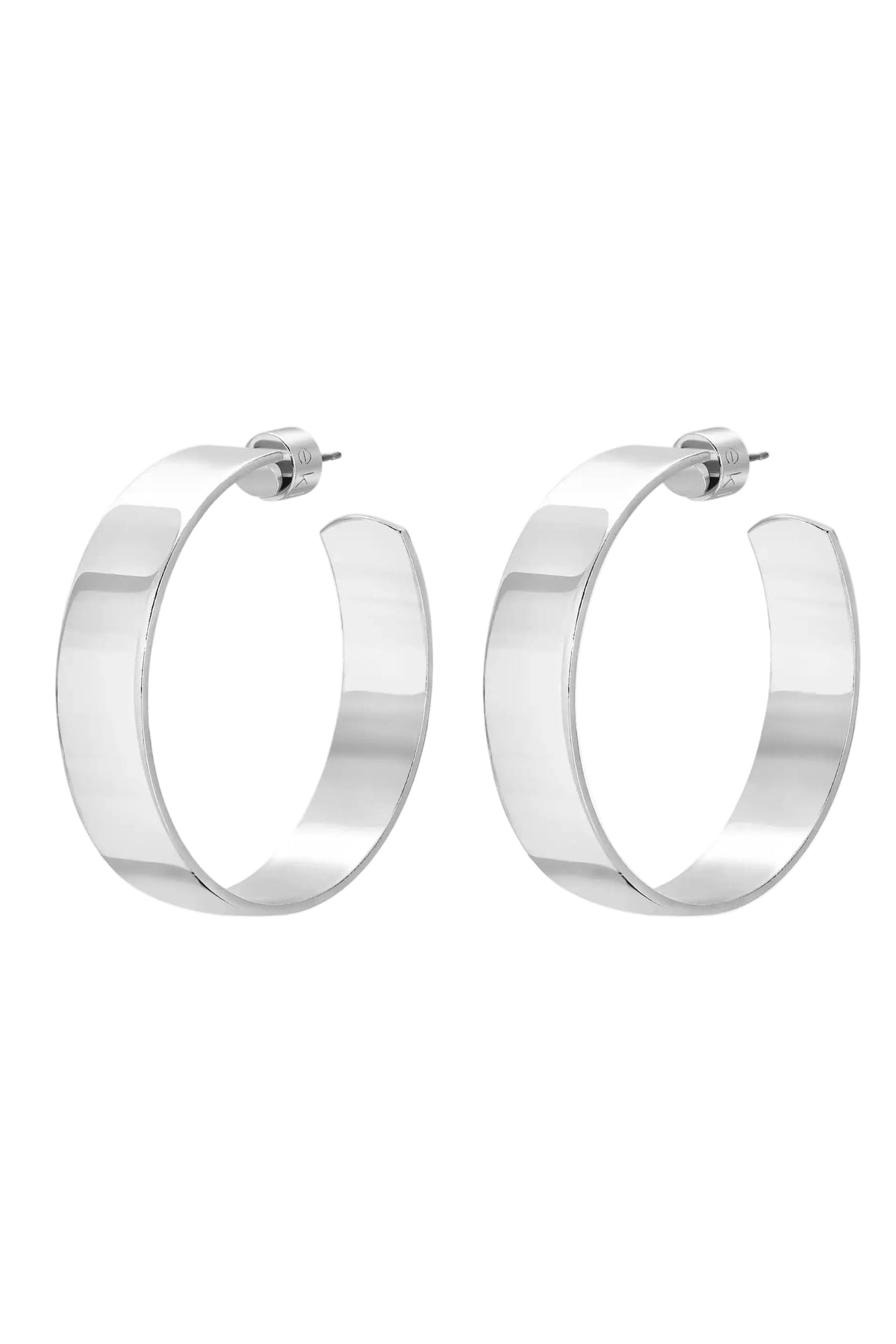 A pair of polished silver-tone hoop earrings with a flat, wide band and post-back closures, shown against a plain white background.