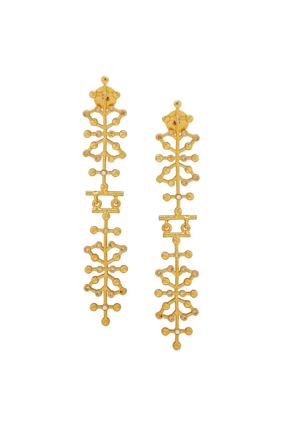 A pair of gold statement earrings with an intricate, branching dendritic pattern and small clear cz accents, displayed on a solid white background.