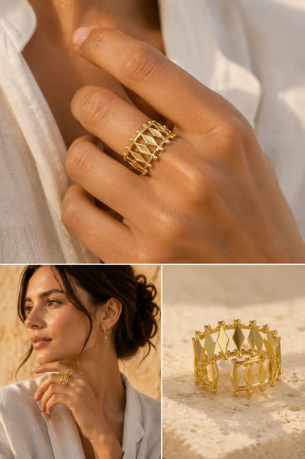 Gold ring on a hand, woman wearing gold jewelry, and gold ring on sand.
