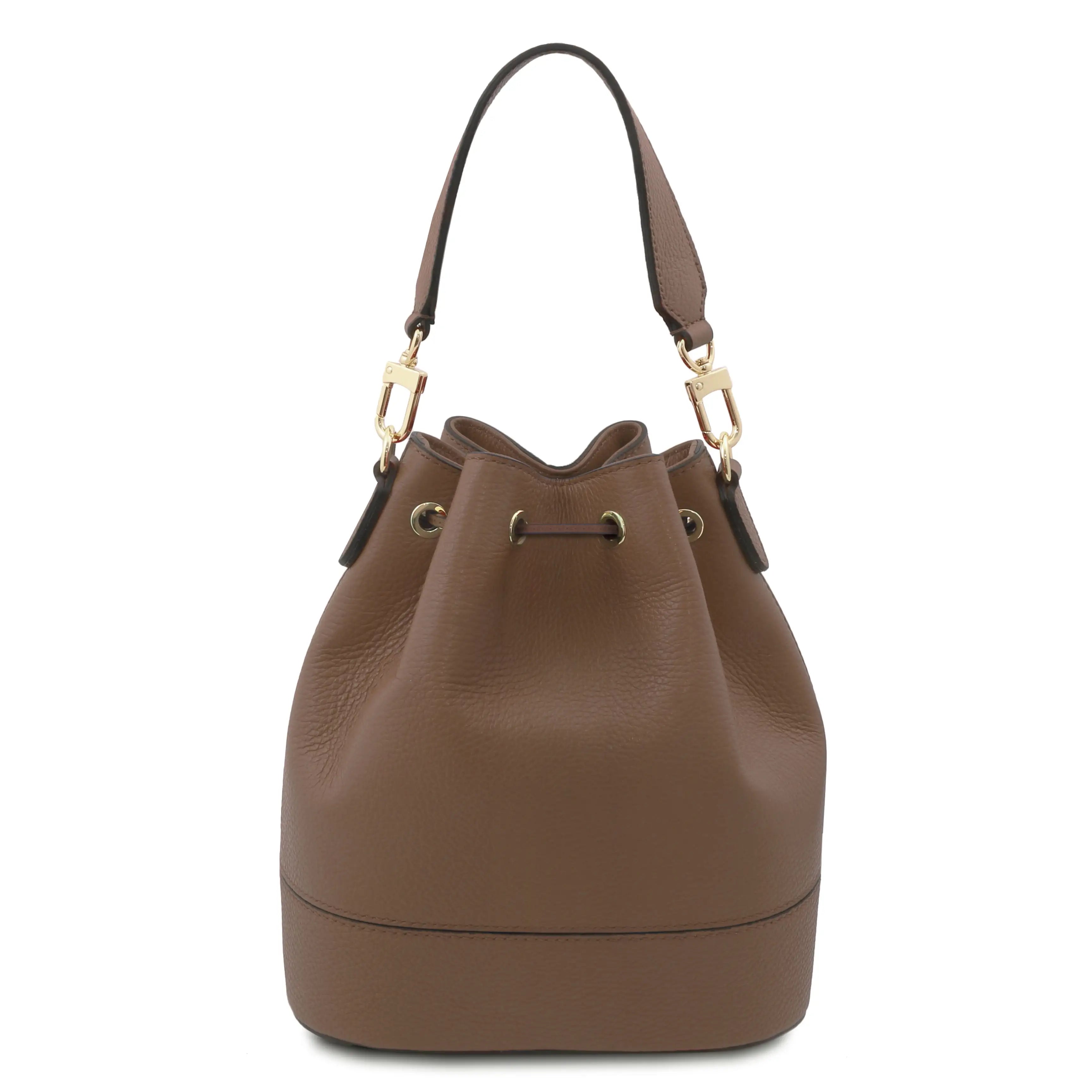 Back View TL Leather Bucket Bag Dark Taupe with gold accents on white background