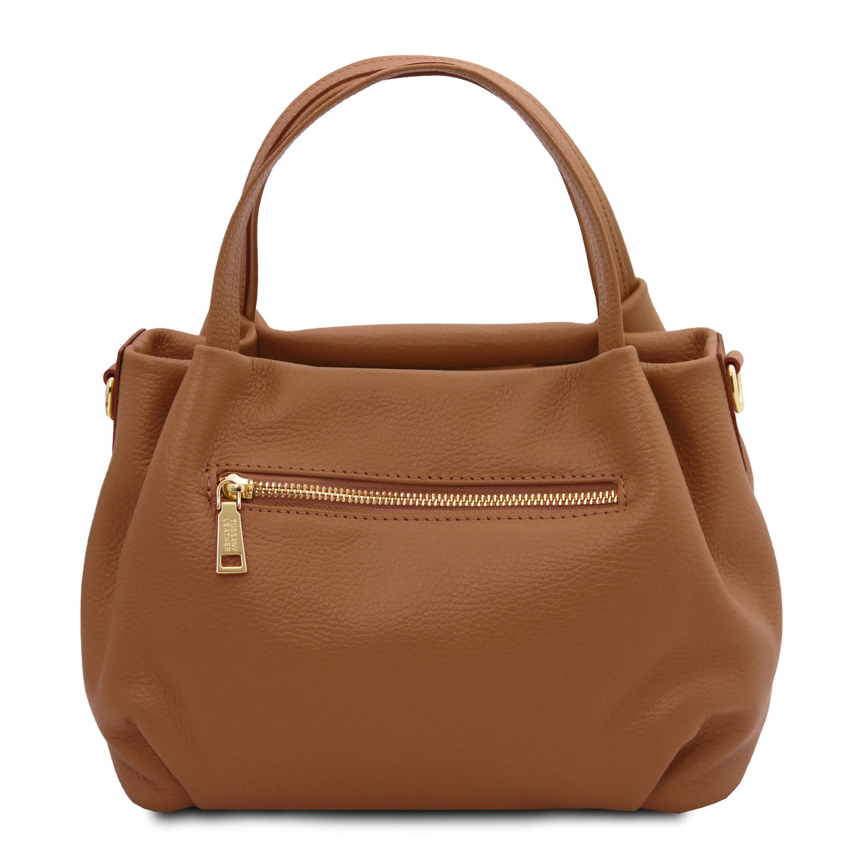 Back view Nora Soft Italian Leather Shoulder Bag in cognac with back zip pocket