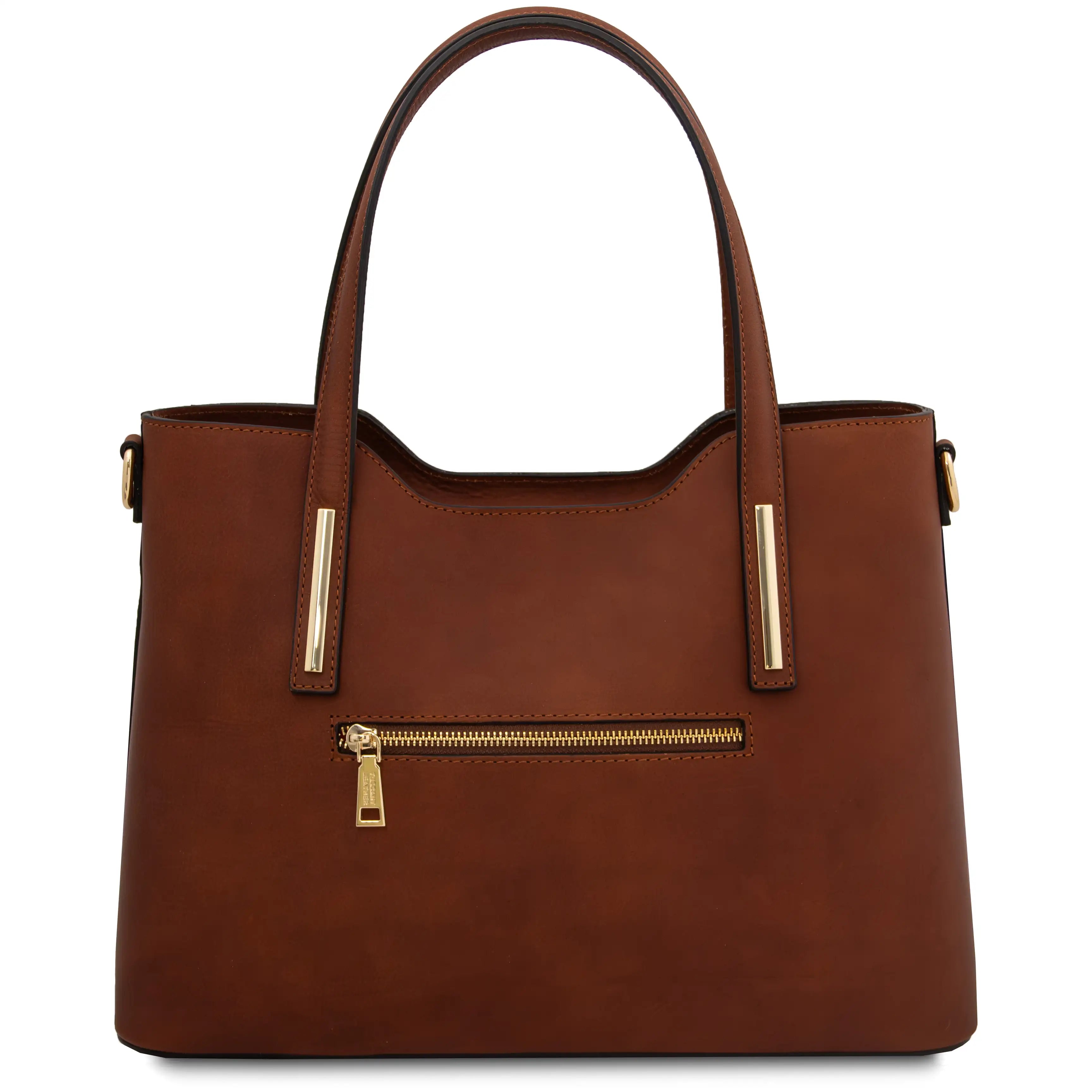 Back view Olimpia Leather Tote Bag in Brown with zipped pocket