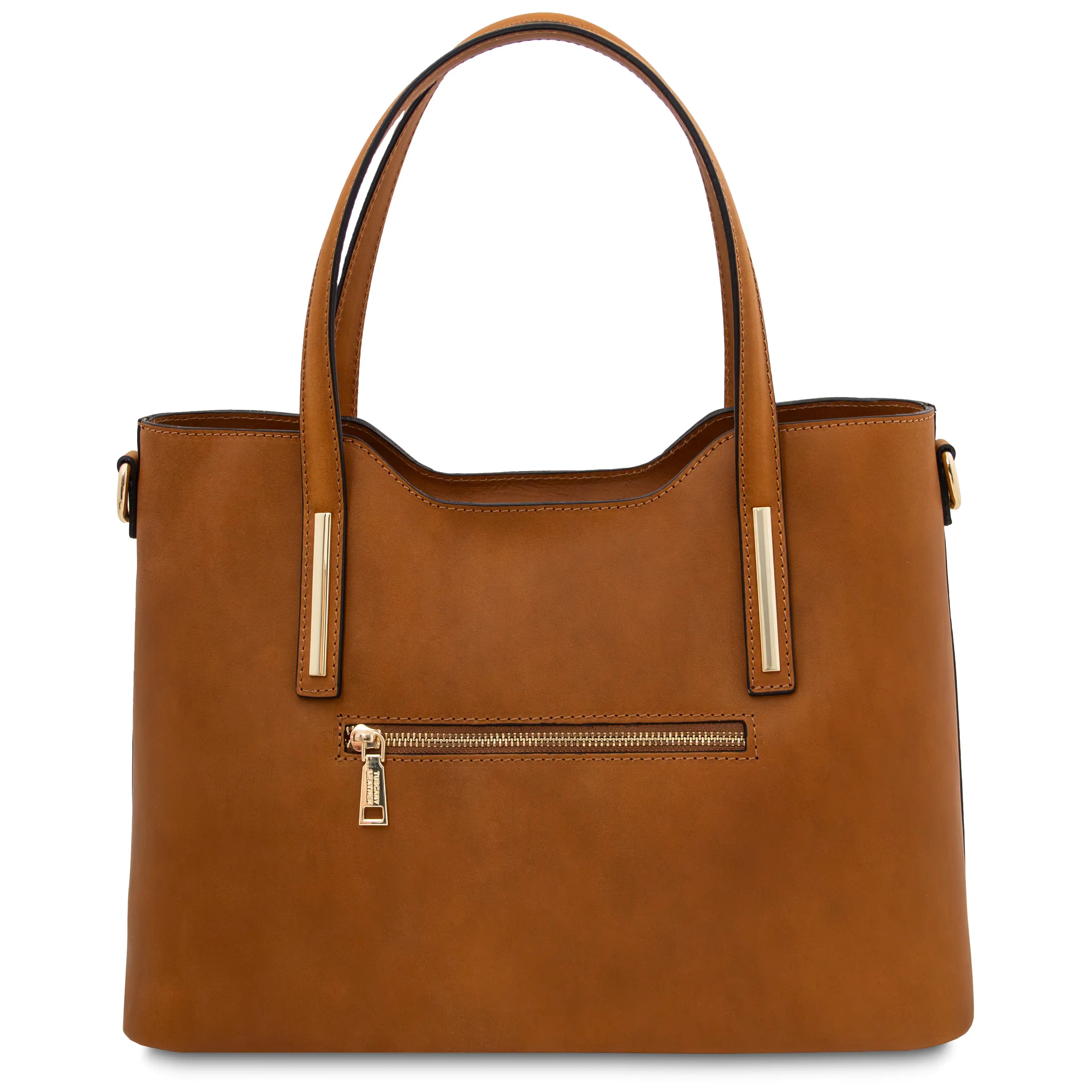 Back view Olimpia Leather Tote Bag in Natural with zipper pocket