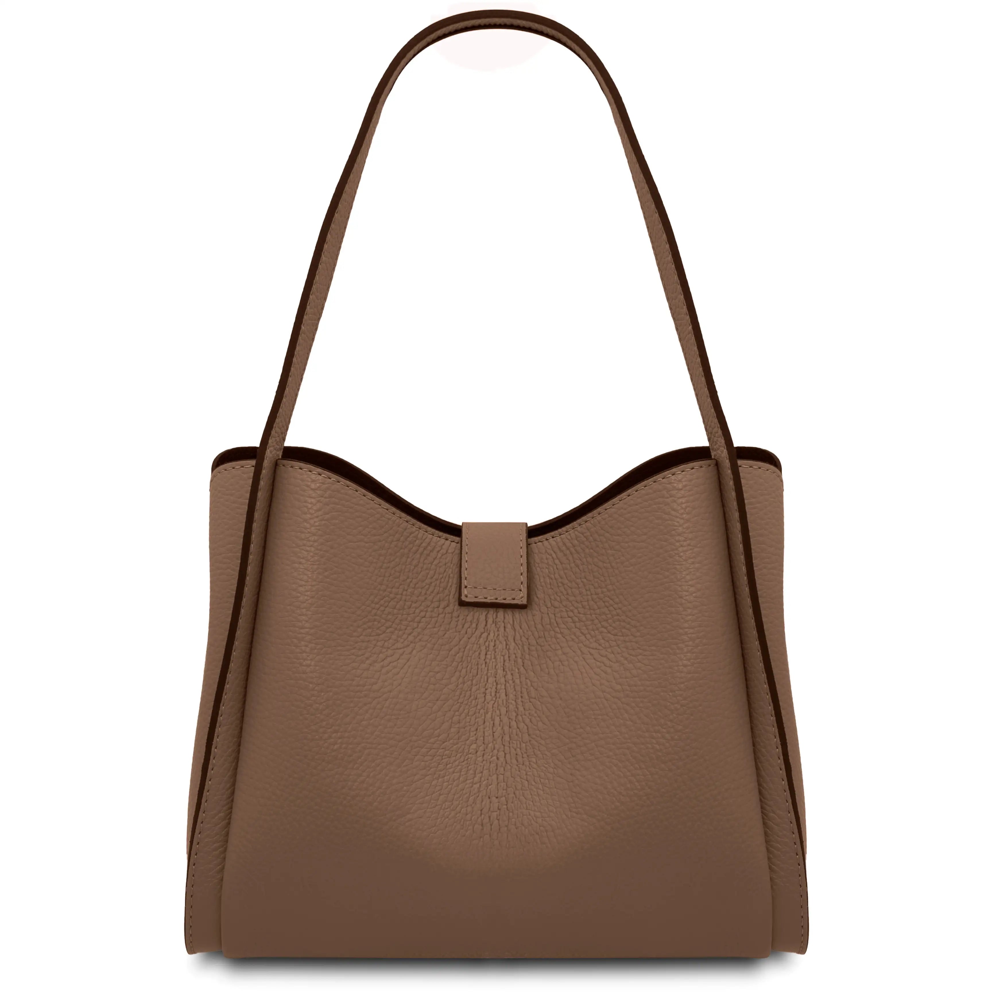 A dark taupe pebbled leather bag with a single top handle and a small front tab detail, shown against a plain white background.
