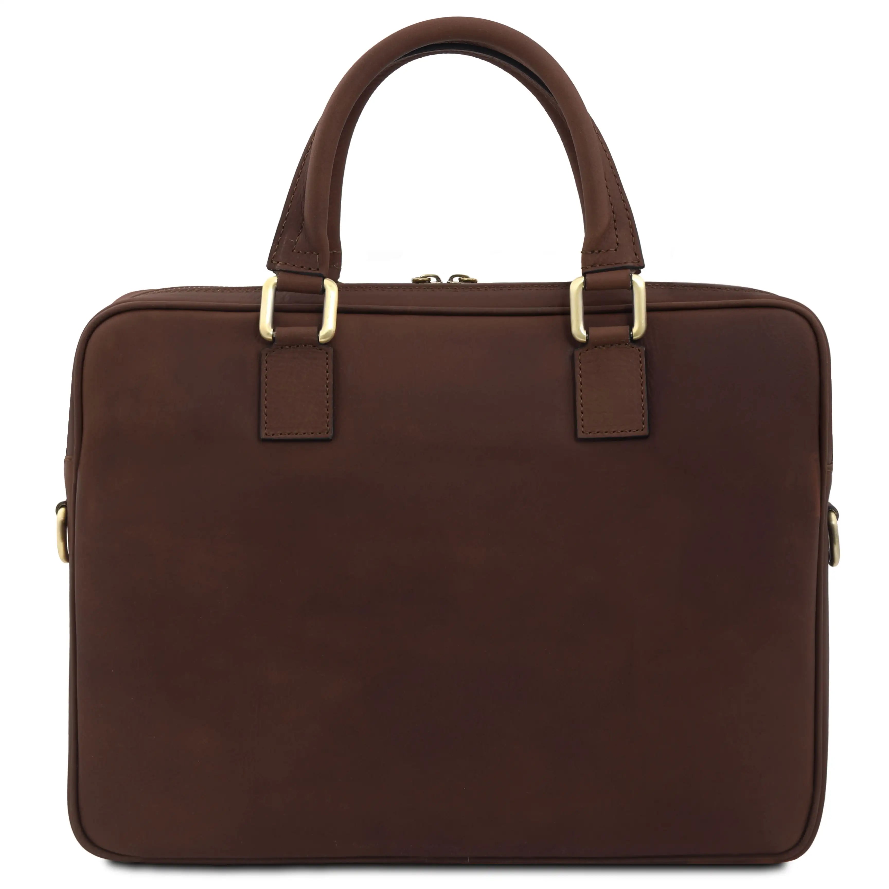Back view dark bown Ferrara Leather Laptop Briefcase on a white background