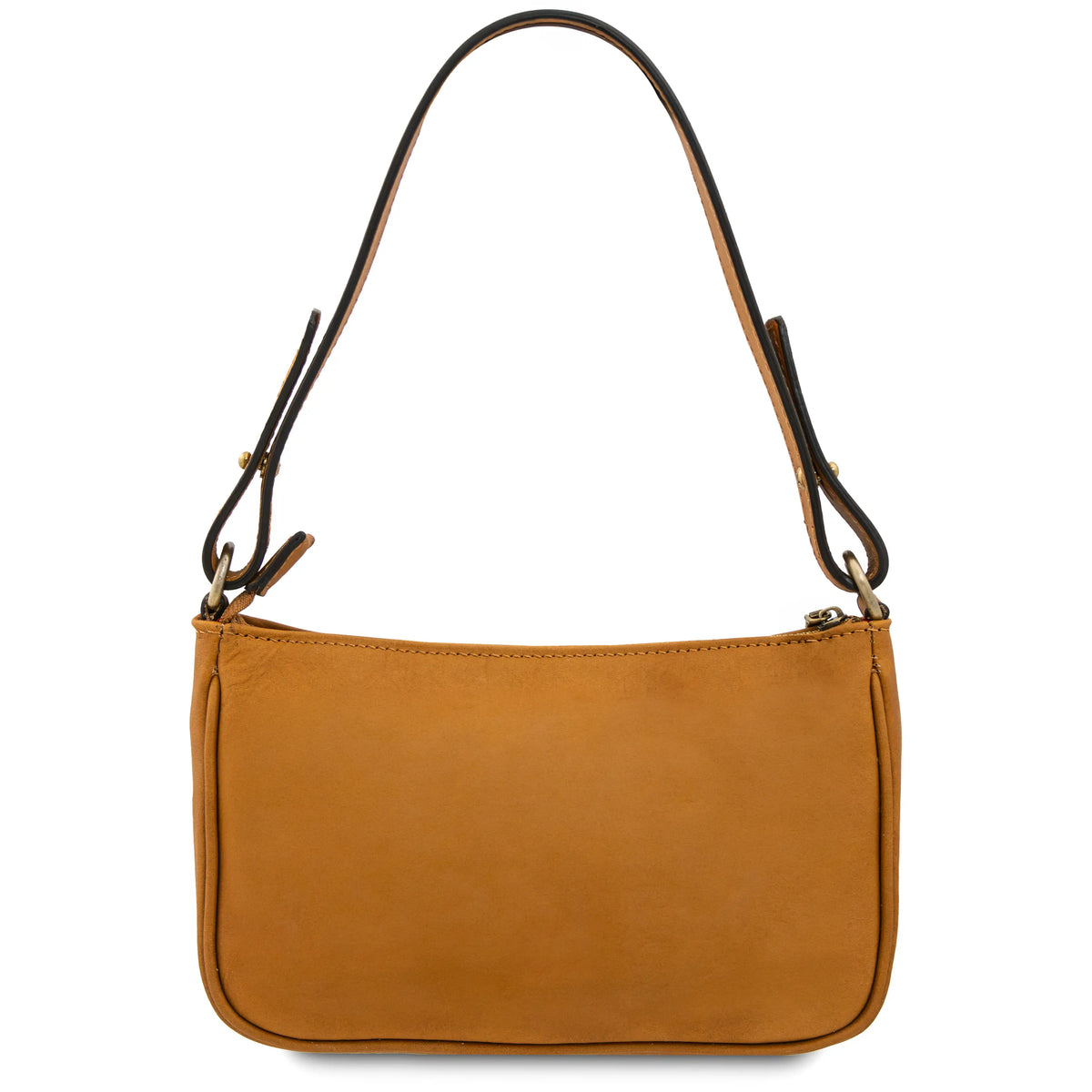 Back of a natural leather handbag with a shoulder strap on a white background