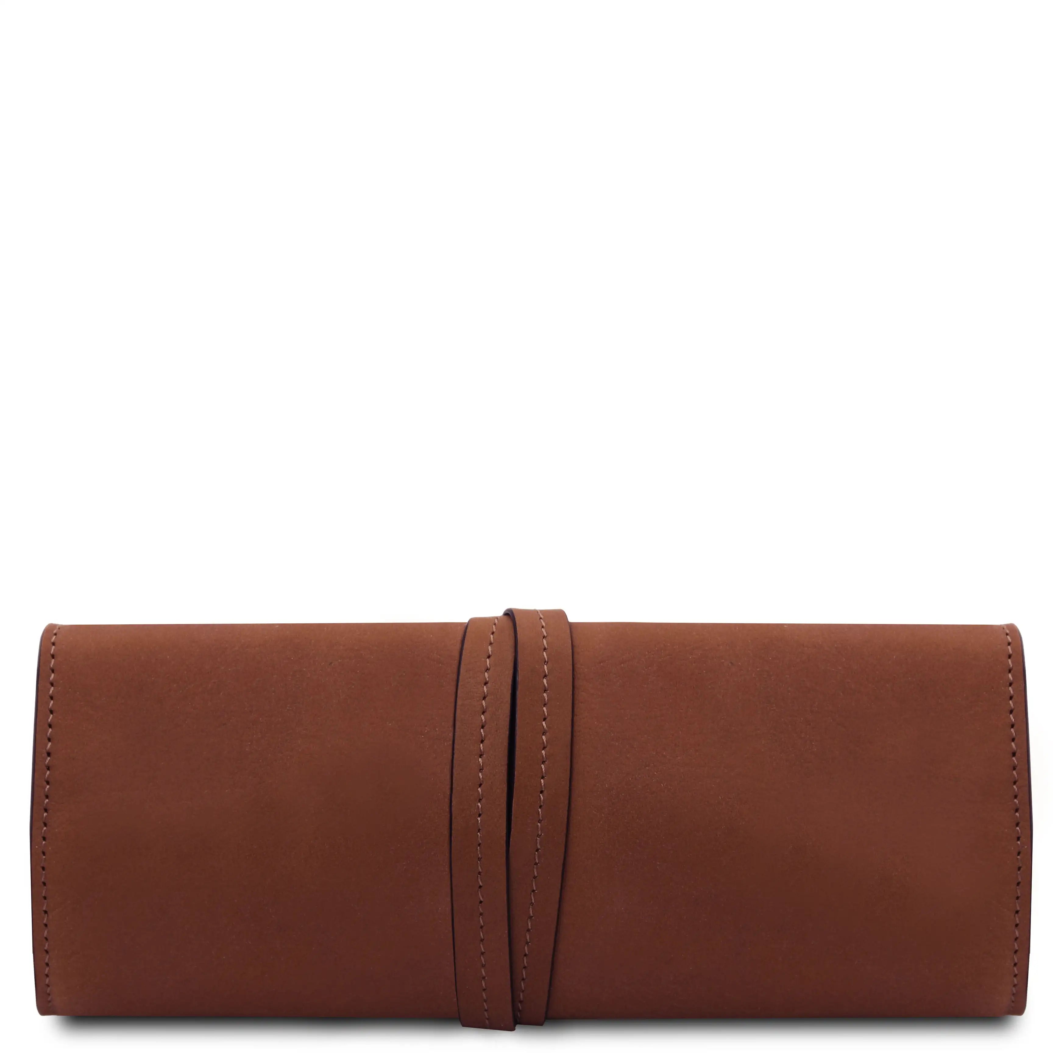 Back wrapped tie closure view Structured Italian Leather Jewelry Case in brown