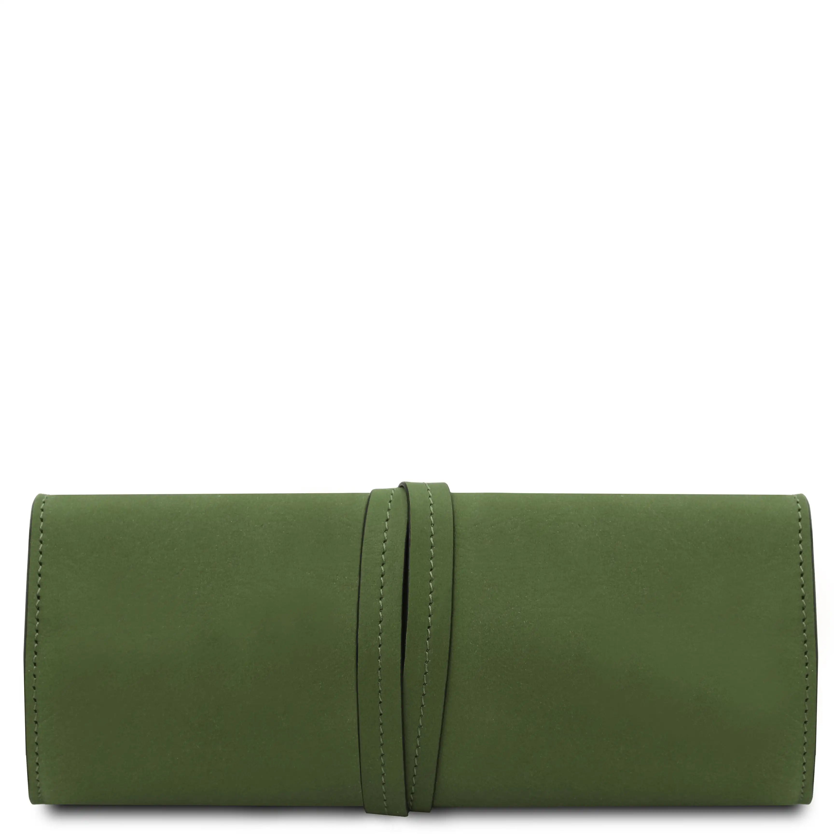 Back wrapped tie closure view Structured Italian Leather Jewelry Case in green