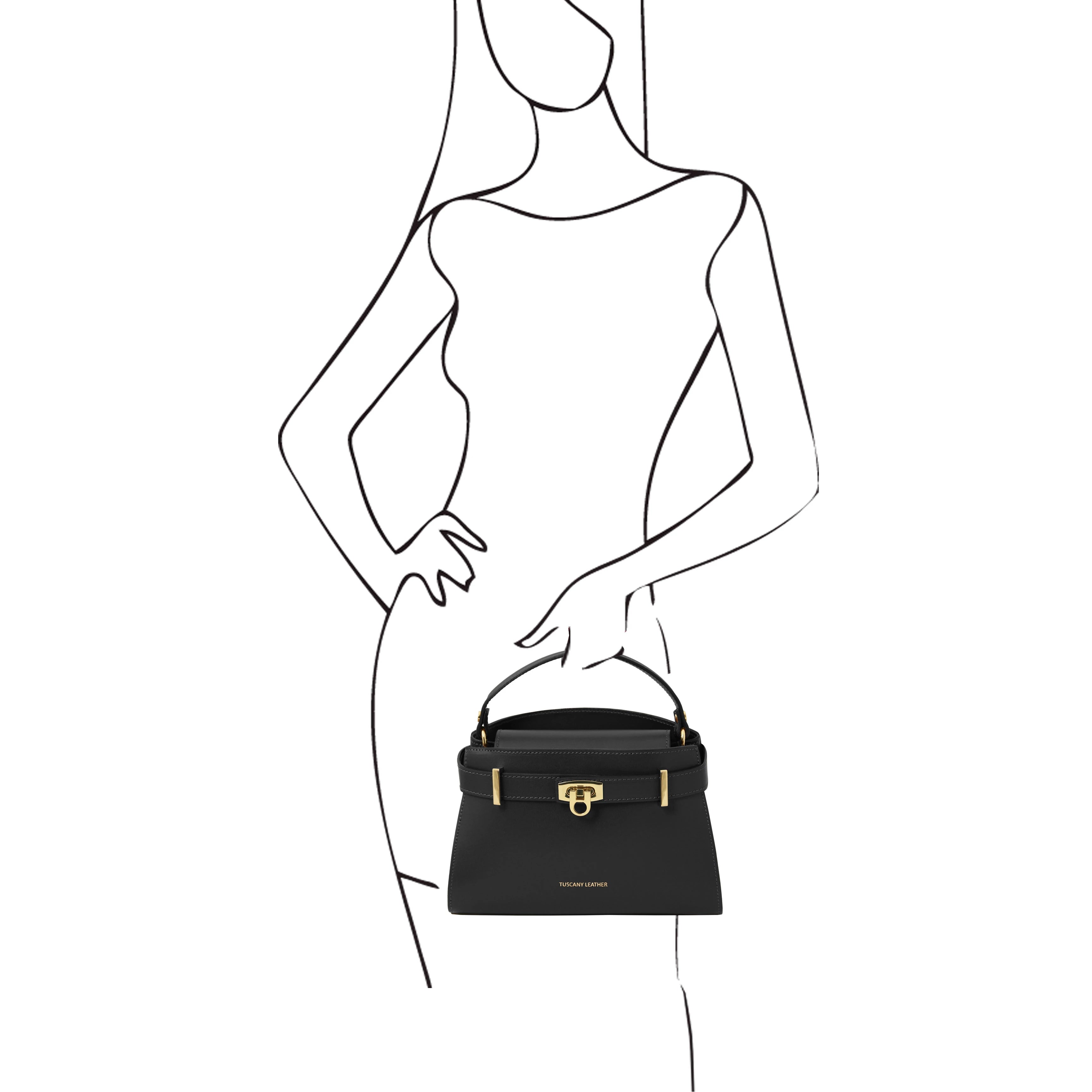 Black and white sketch of a woman holding the Maisy Italian Leather Tote Bag in Black