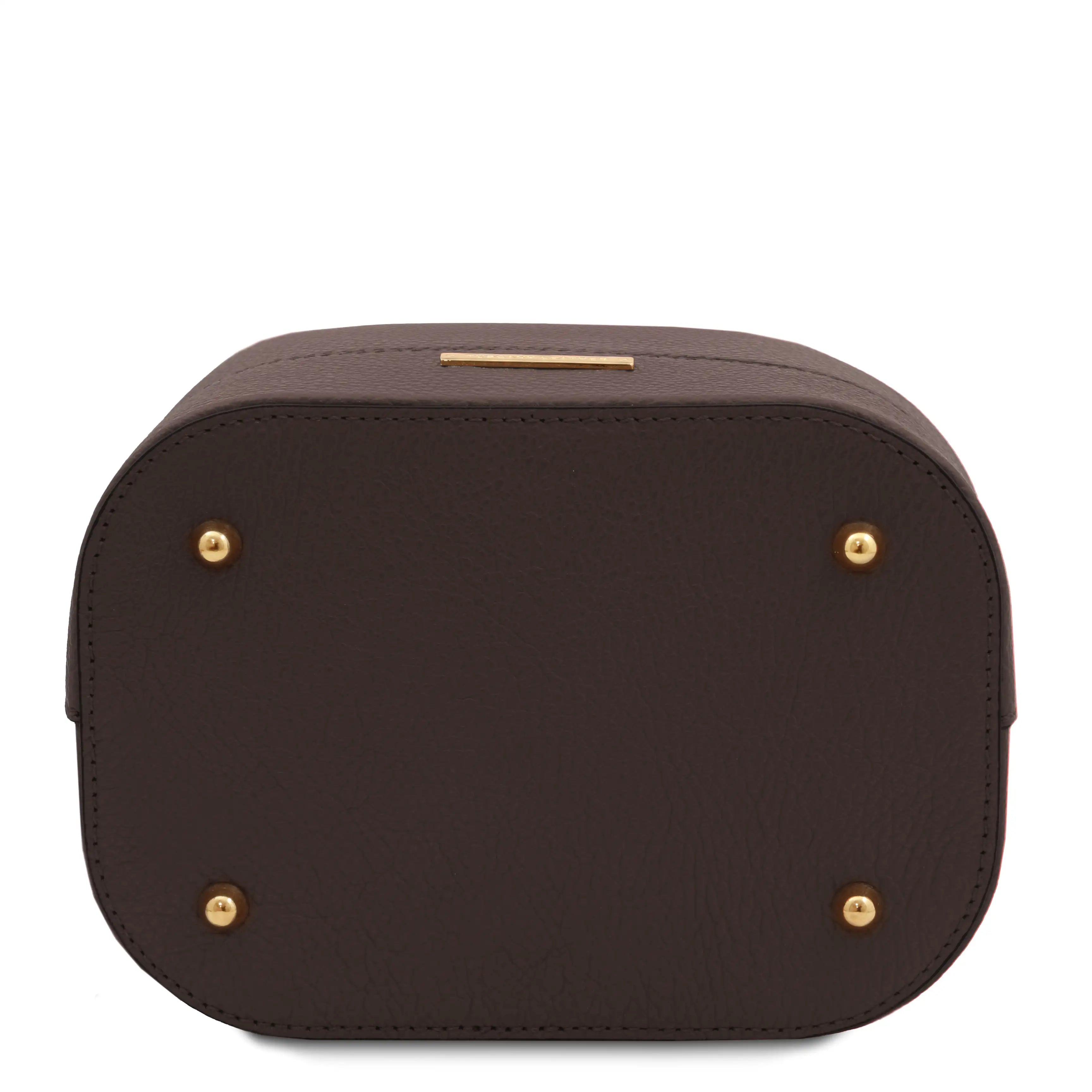 Bottom View TL Leather Bucket Bag Chocolate with four gold protective feet