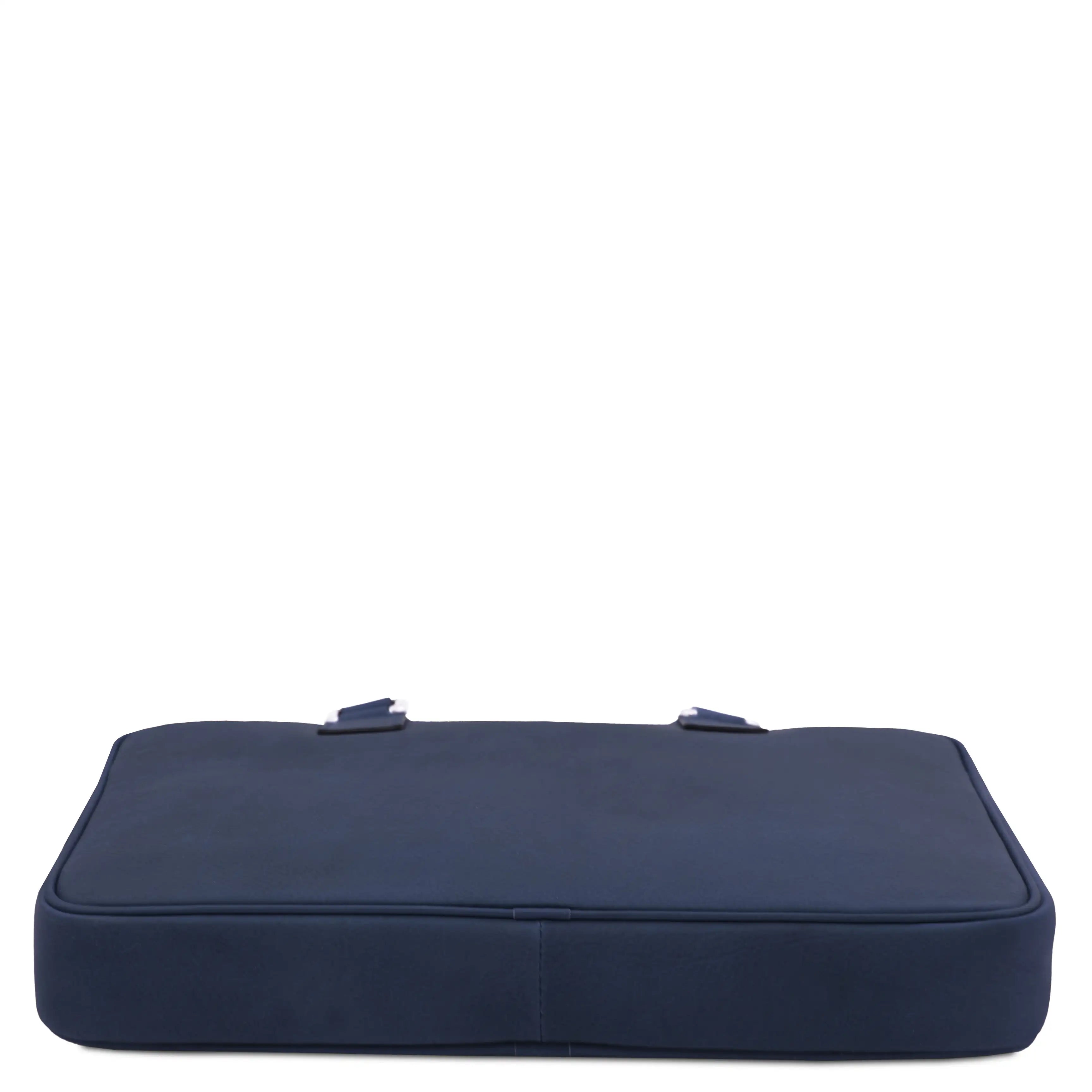 Bottom view Ferrara Leather Laptop Briefcase in dark blue on a white background