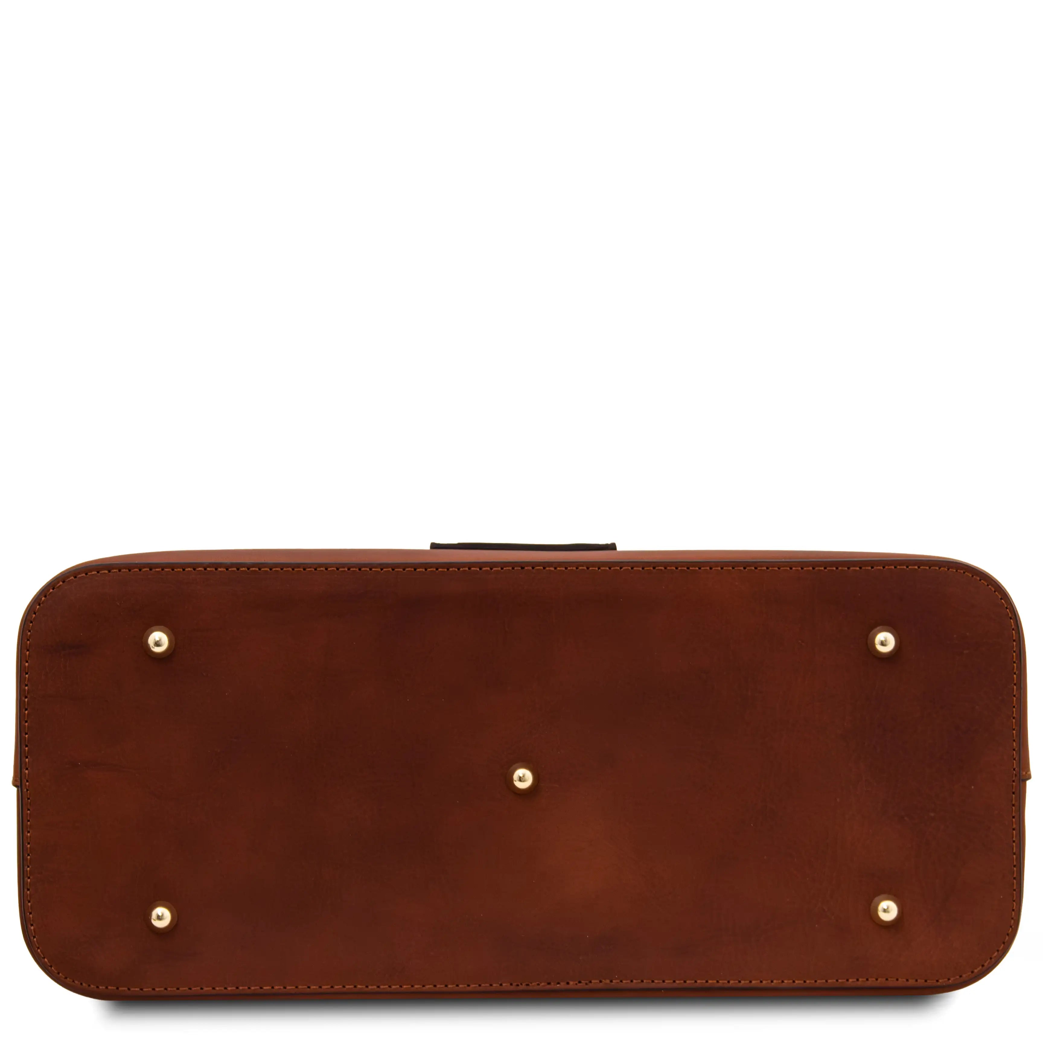 Bottom view Olimpia Leather Tote Bag in Brown with gold protective feet