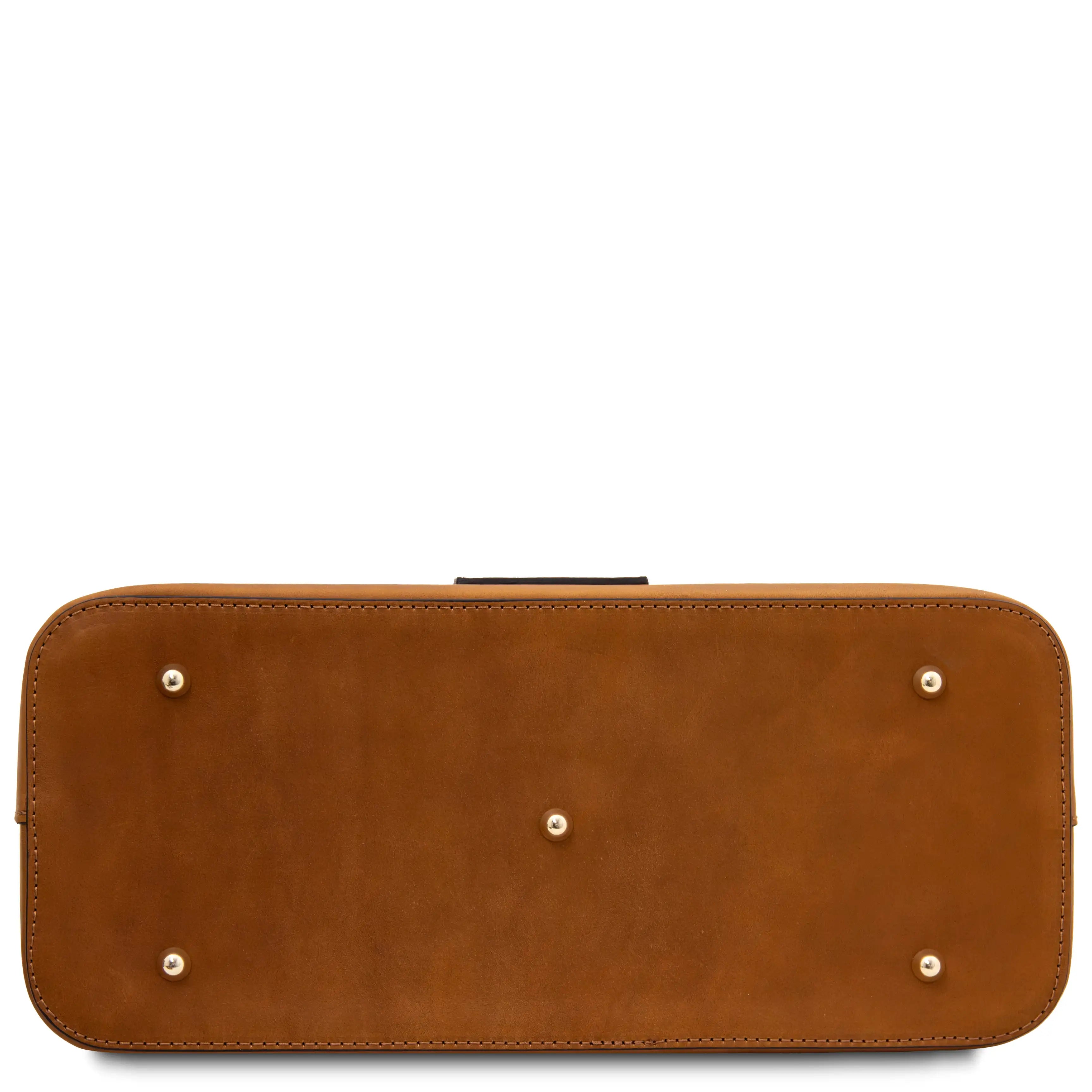 Bottom view Olimpia Leather Tote Bag in Natural with gold protective metal feet