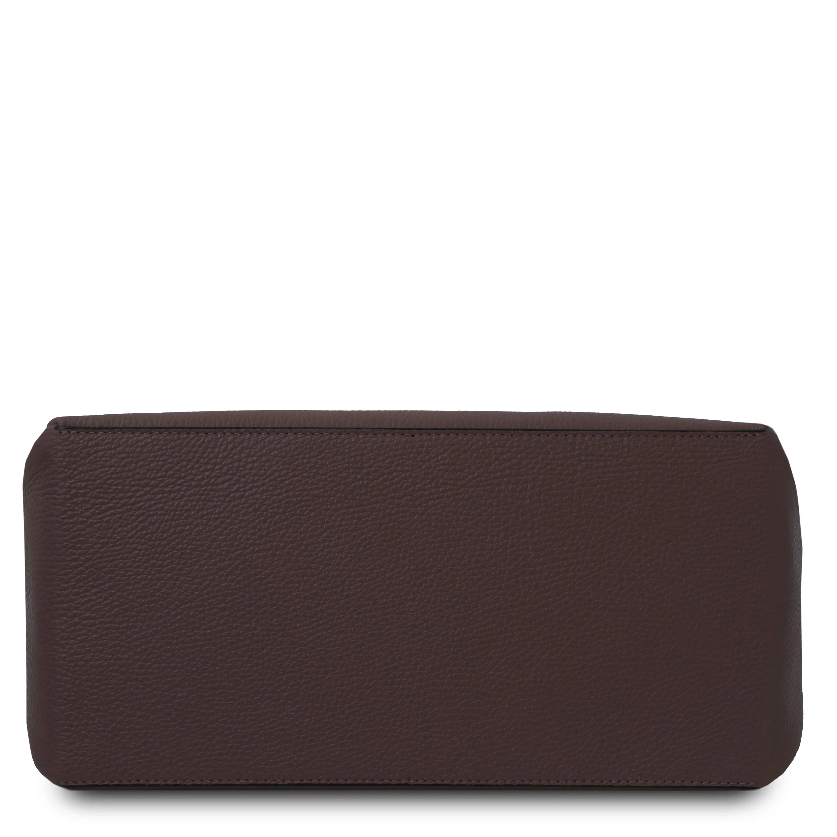 Bottom view of the TL Bag Soft Leather Handbag in Chocolate on a white background