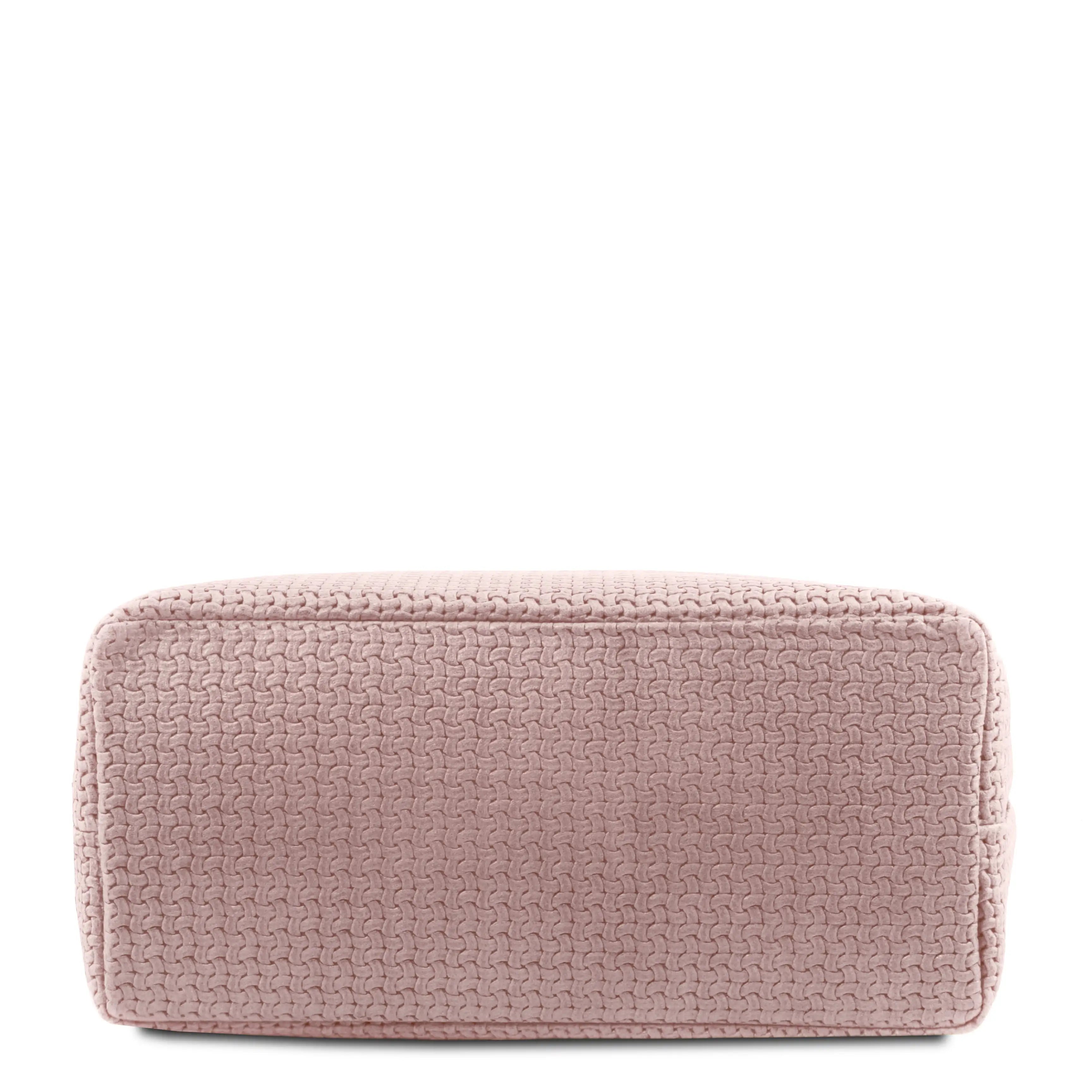 Bottom view of the TL Keyluck Woven Printed Leather Shopping Bag in Nude on a white background