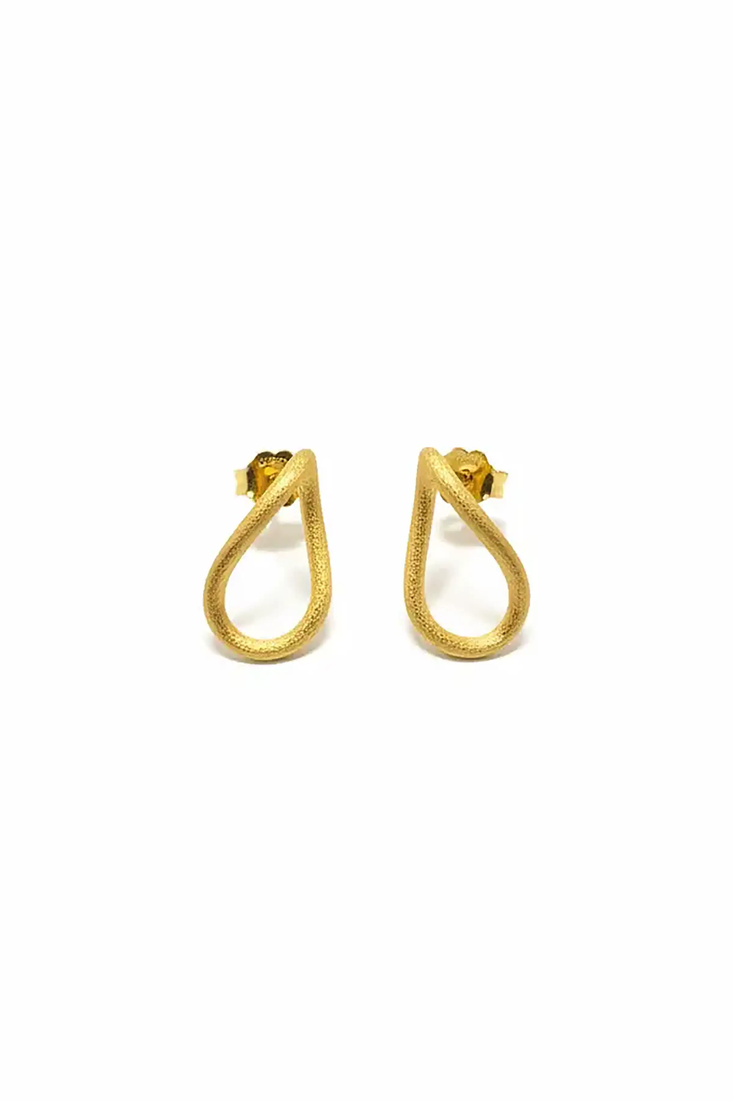 A pair of textured and sculptural gold teardrop earrings on a clean white background.