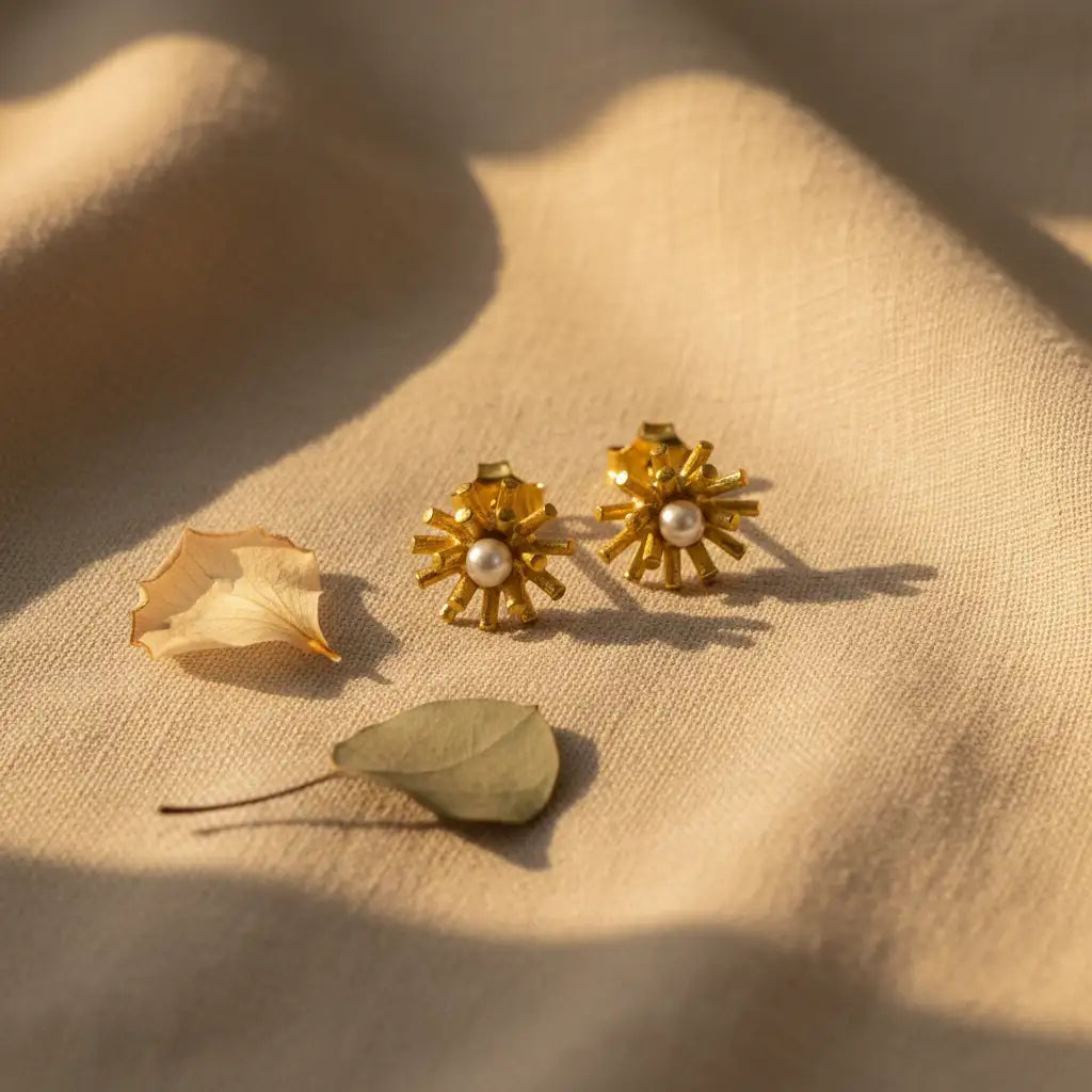 A pair of gold-toned flower-shaped earrings with small white pearl centers, styled on a beige textured fabric with dried leaves under warm sunlight.