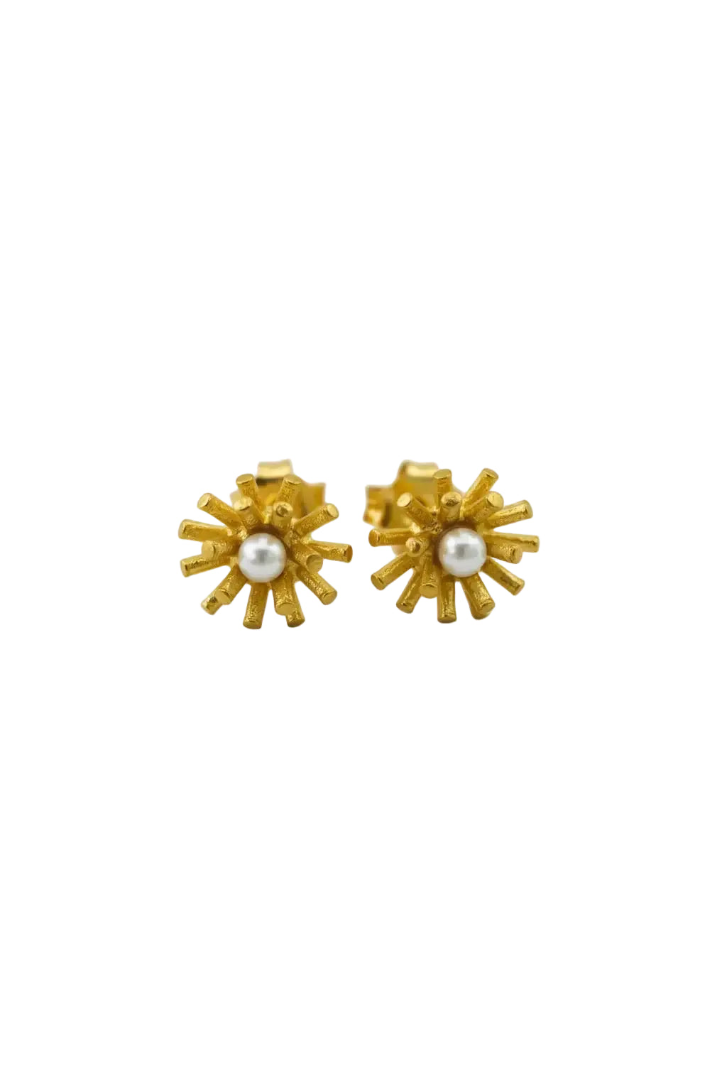 A pair of gold starburst stud earrings with a small white pearl at the center, shown on a plain white background.