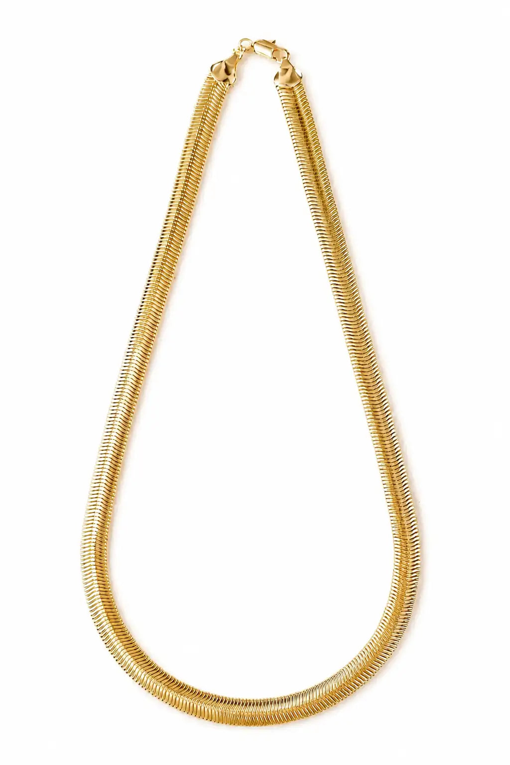A gold-colored snake chain necklace with a textured, ribbed design and a lobster clasp, displayed on a clean white background.