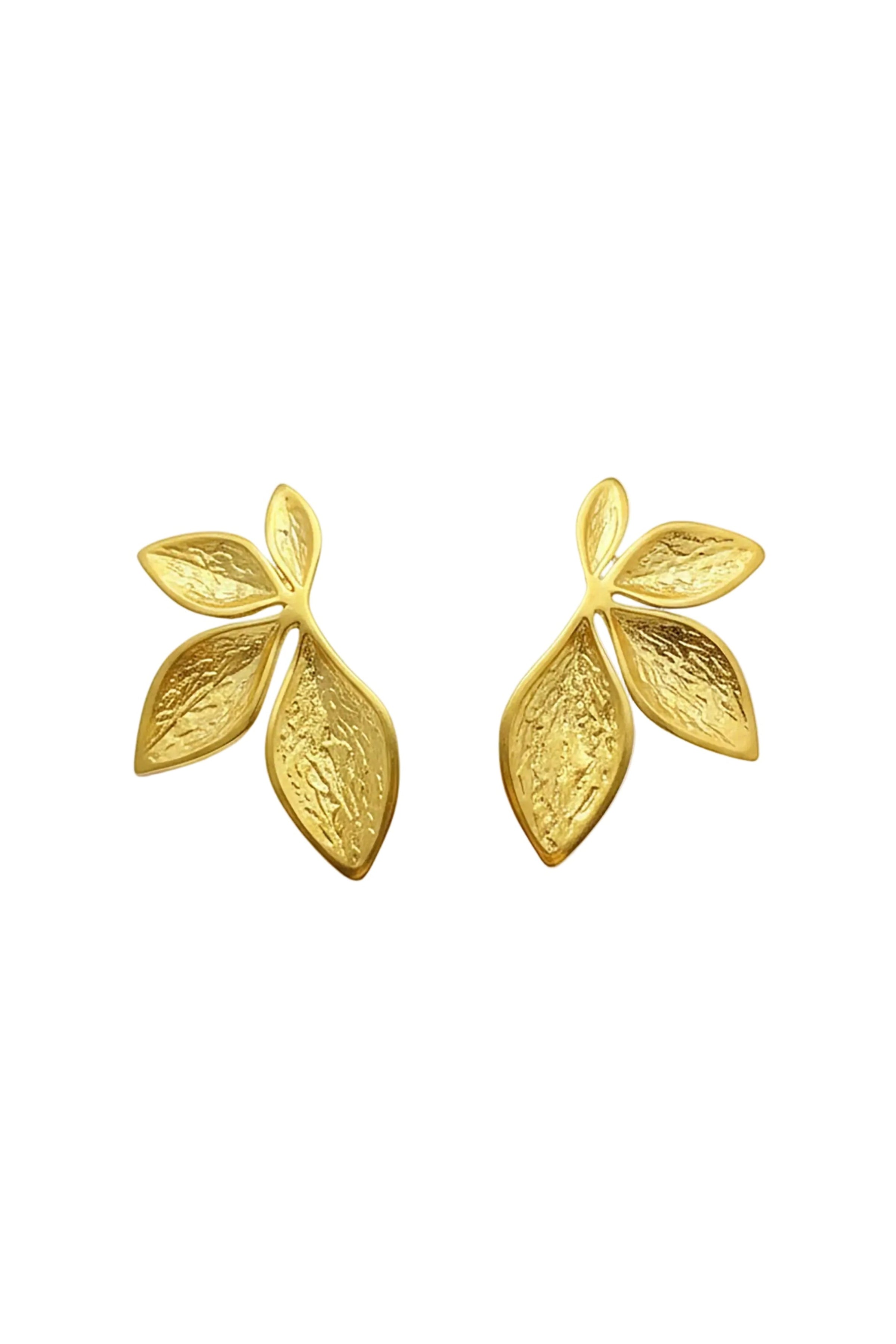 Two gold leaf-shaped stud earrings displayed on a white background