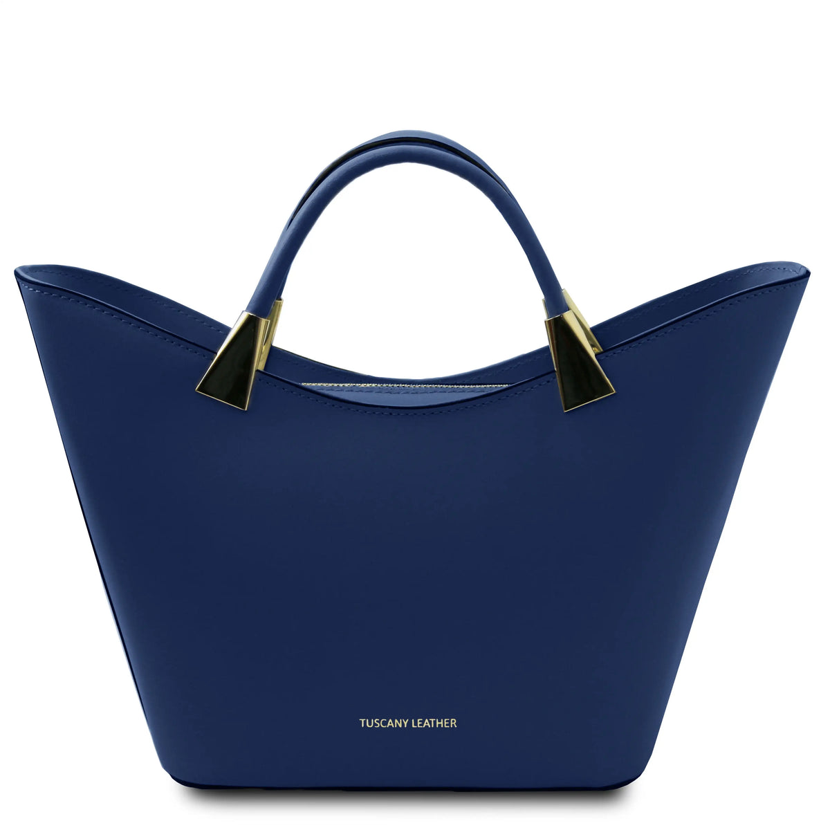 A dark blue leather tote bag with gold-tone hardware and a small gold 'TUSCANY LEATHER' logo on the front, set against a plain white background.
