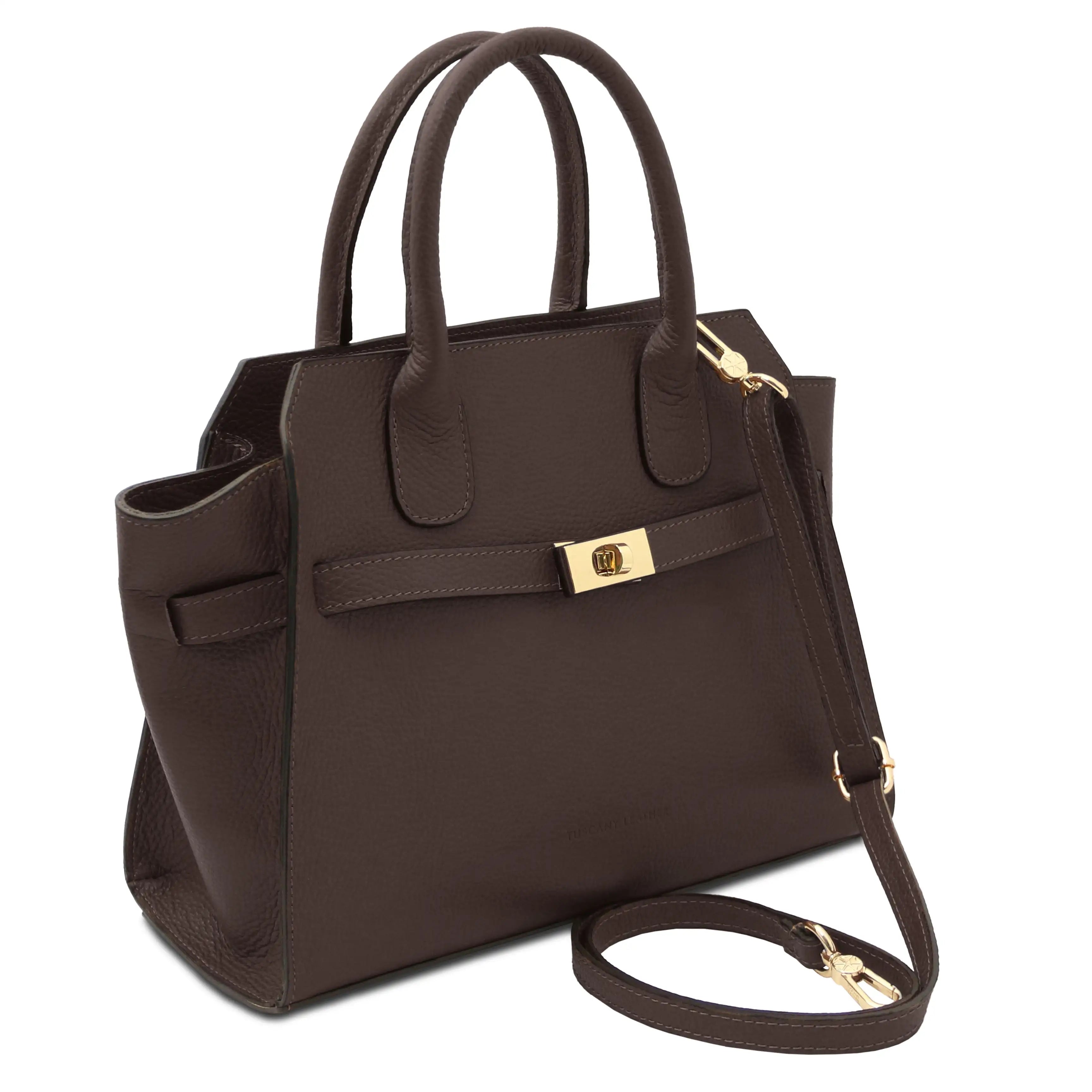 Front Angled View Origami Leather Tote in Chocolate on a white background