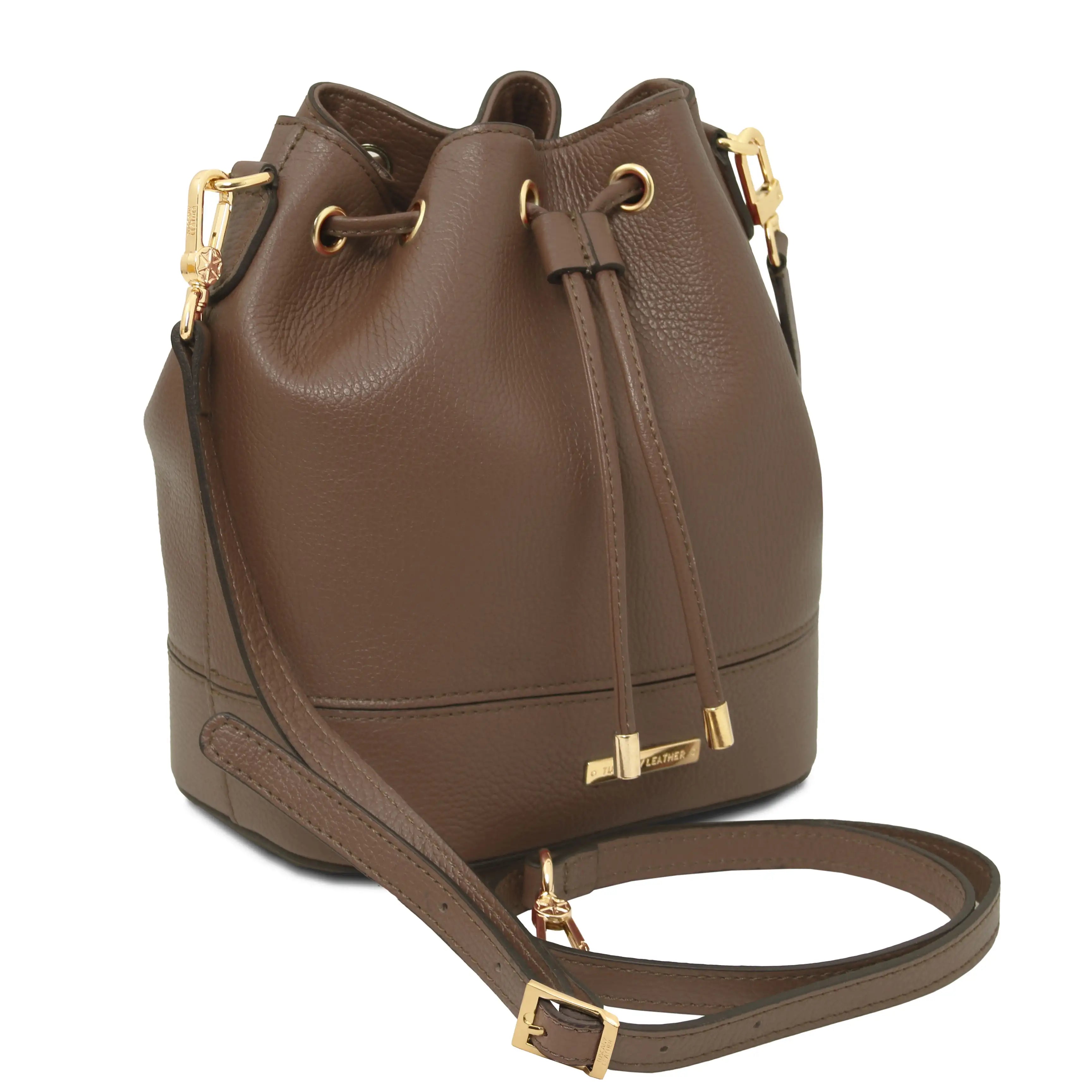 Front angeld Shoulder Strap View TL Leather Bucket Bag Dark Taupe on a white background