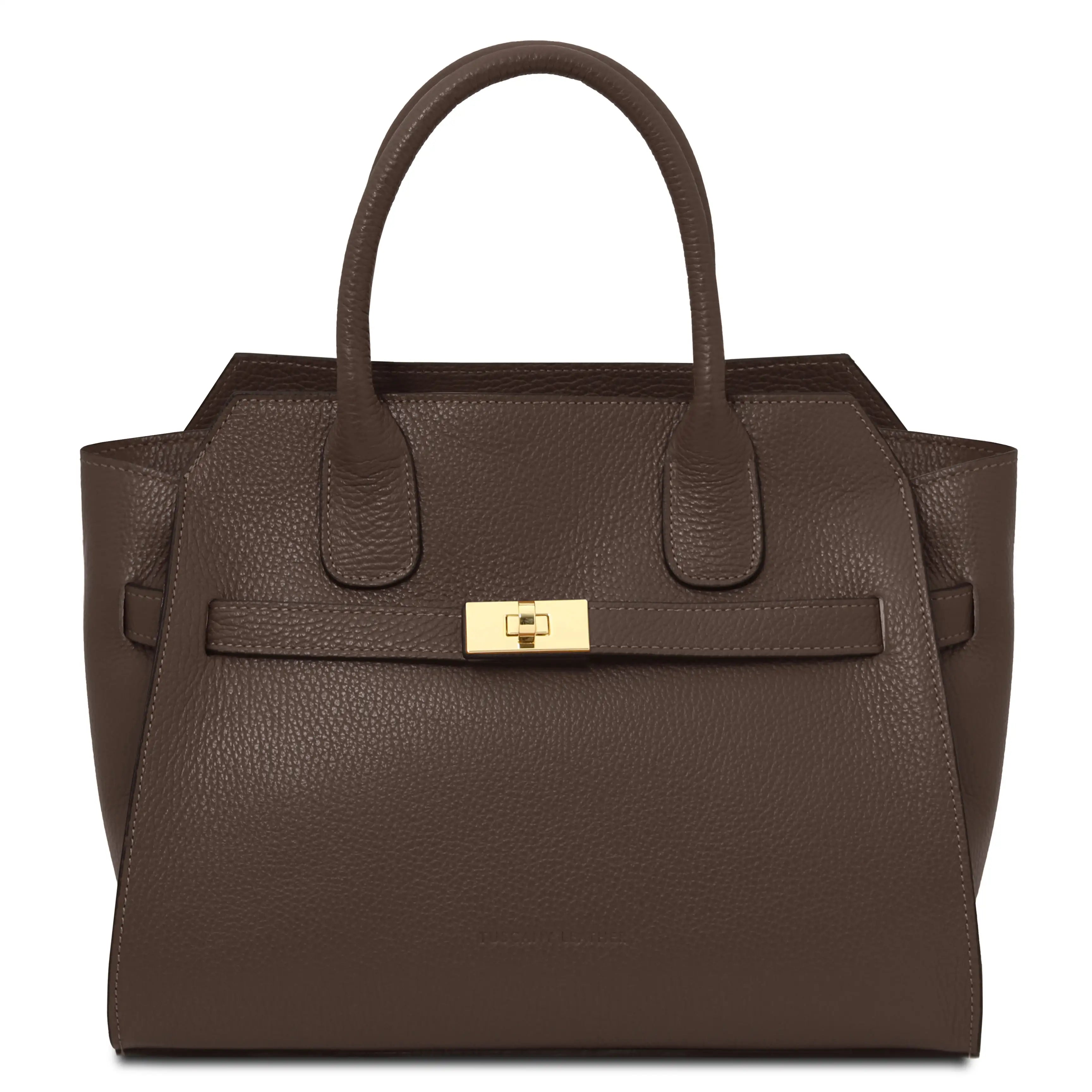 Front View Origami Leather Tote in Chocolate with gold buckle on a white background