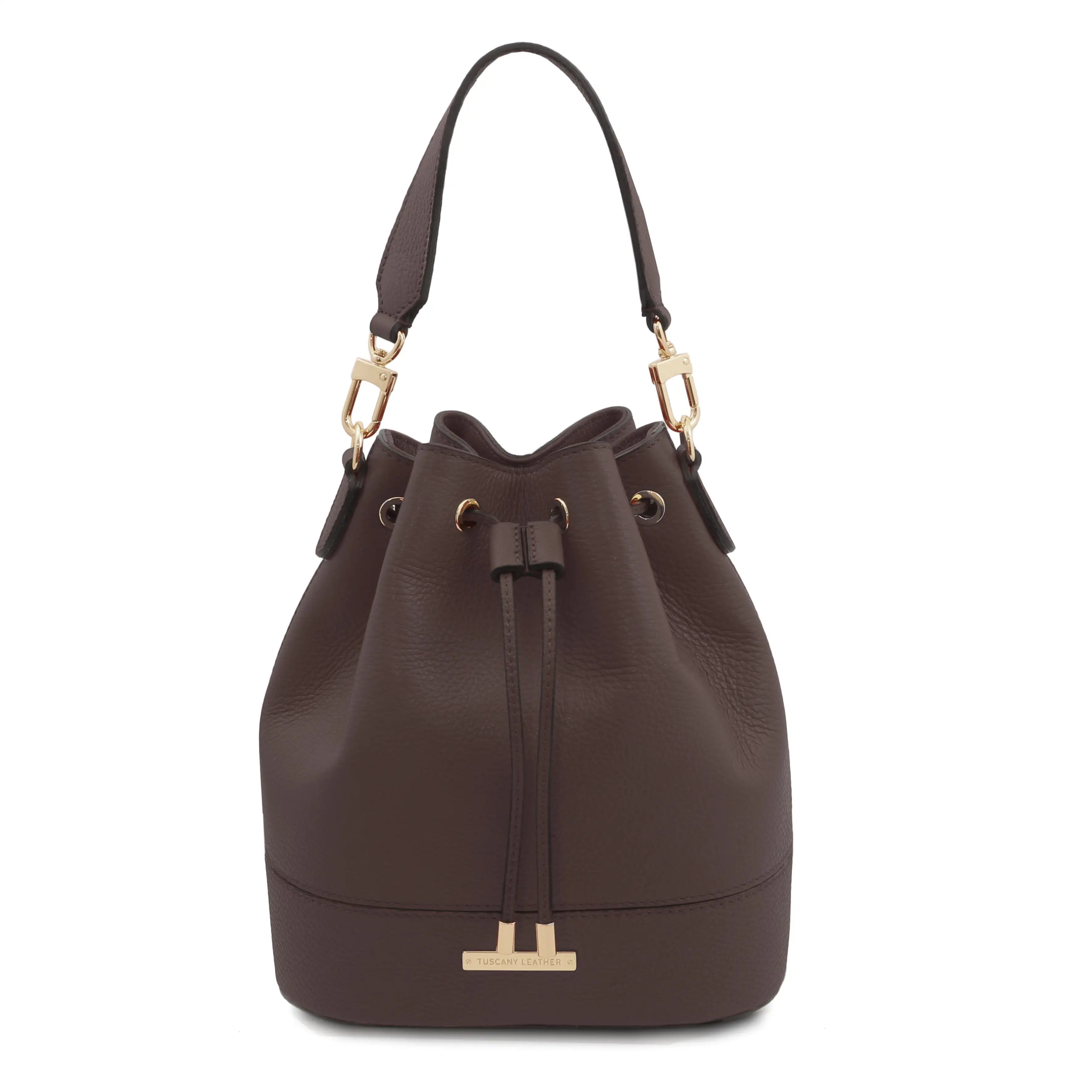 Front View TL Leather Bucket Bag Chocolate with gold accents on white background
