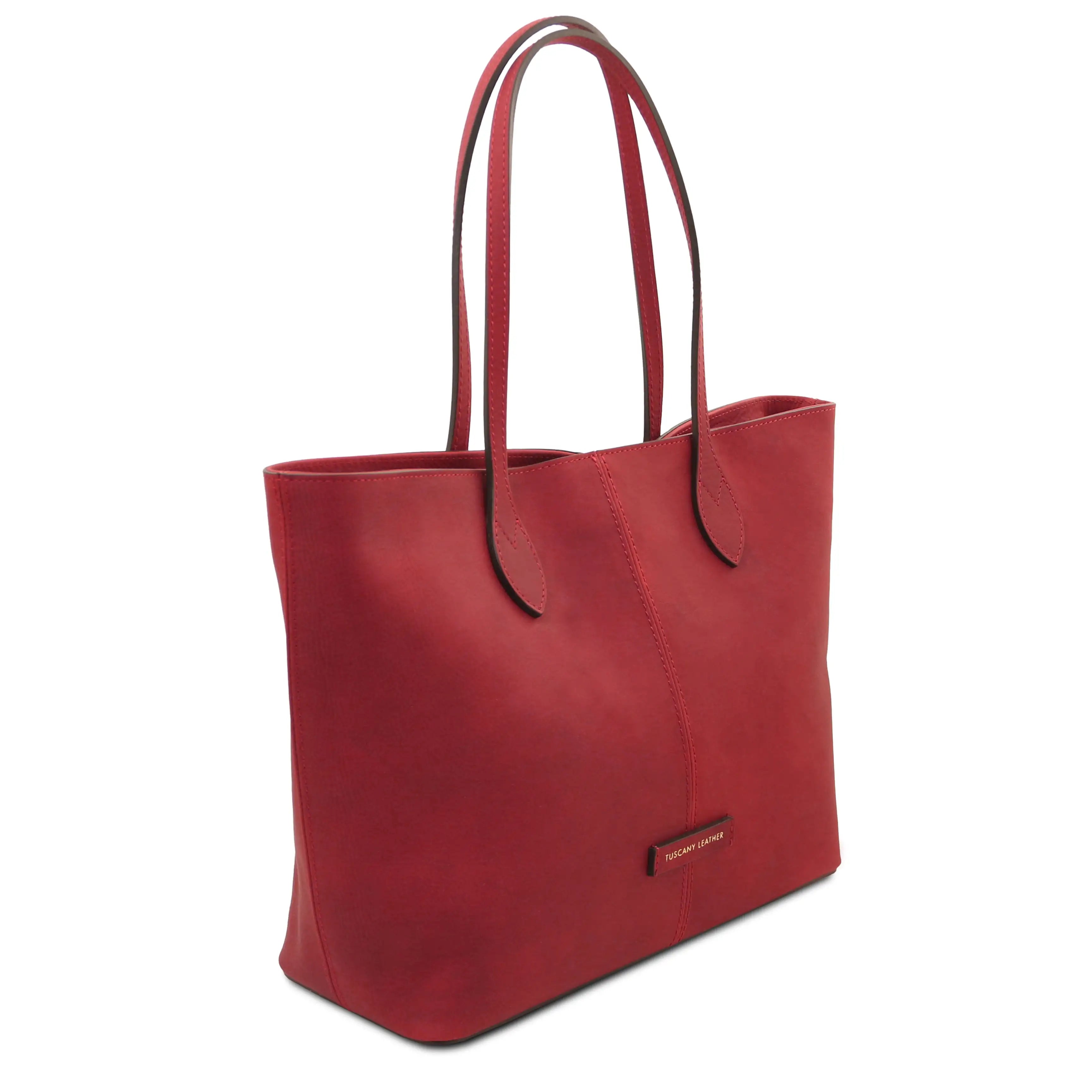 Front angled side view Red Essenza Shoulder Bag