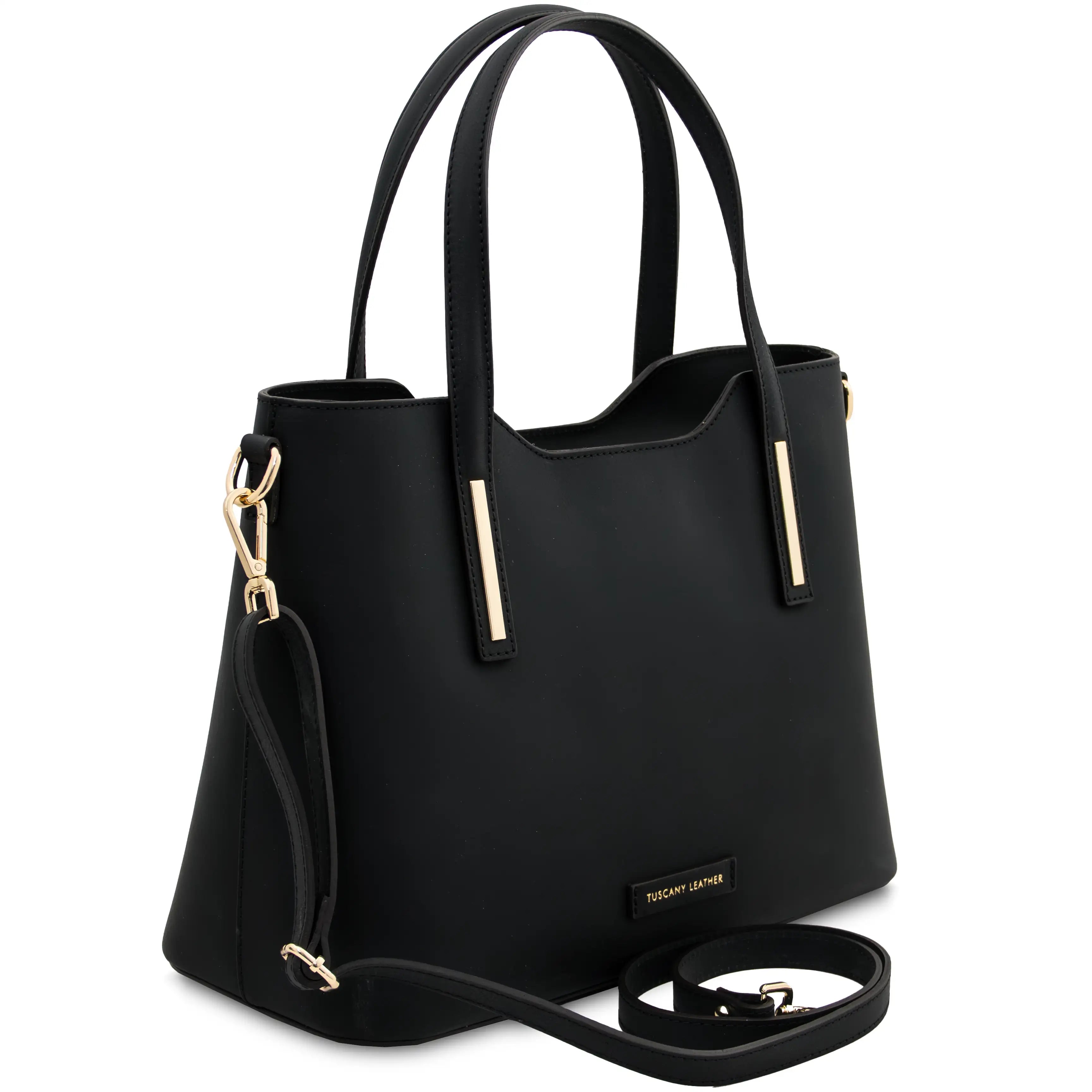 Front angled view Olimpia Leather Tote Bag in Black with shoulder strap