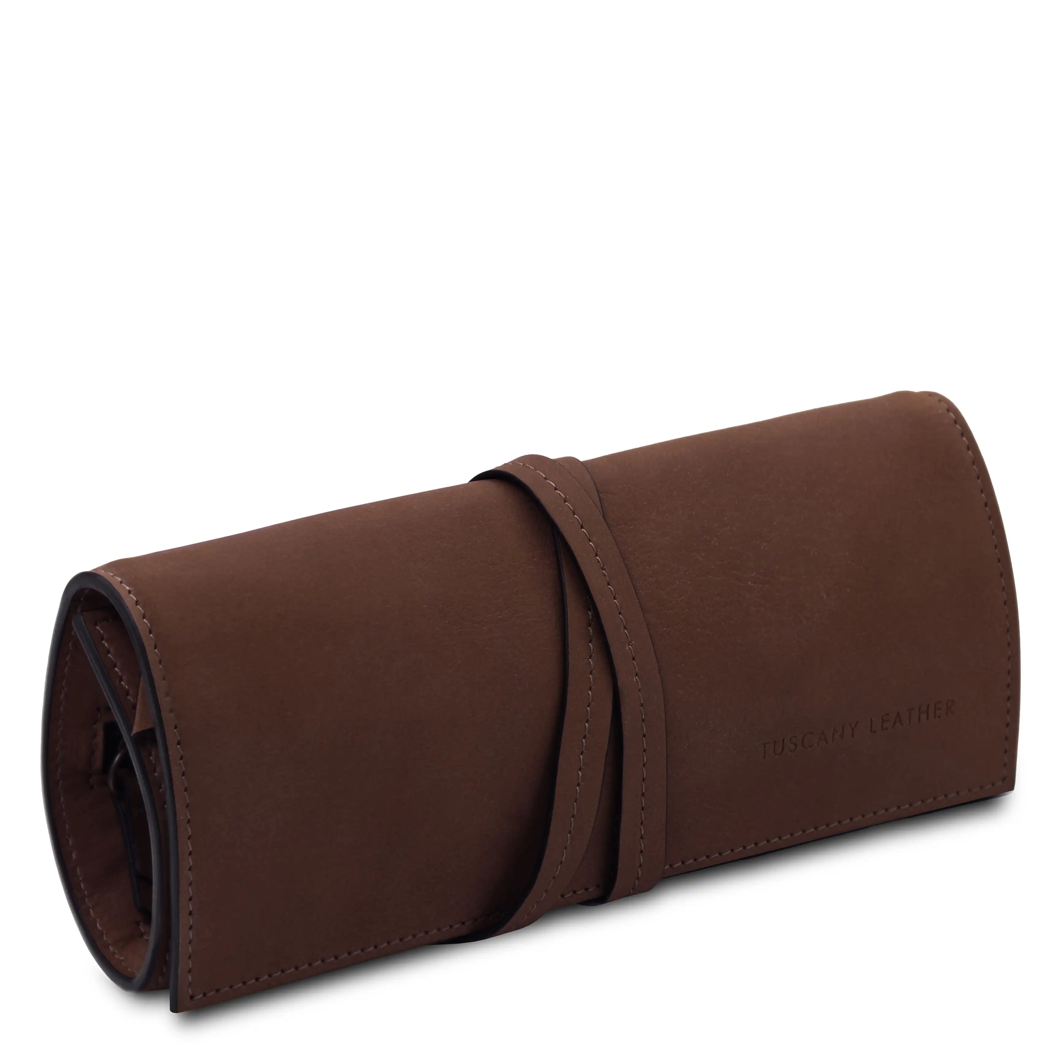 Front side angle view Structured Italian Leather Jewelry Case in dark brown