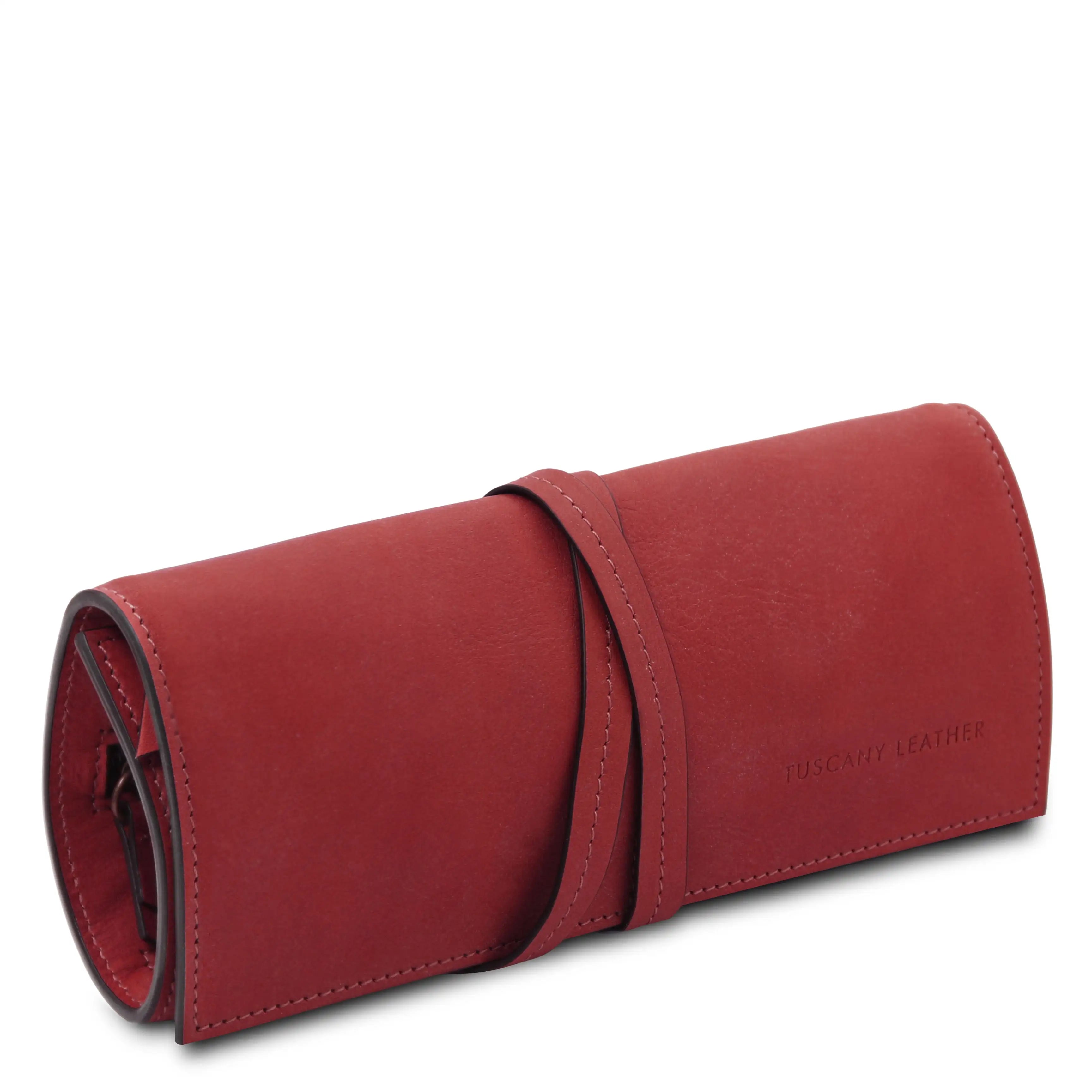 Front side angle view Structured Italian Leather Jewelry Case in red