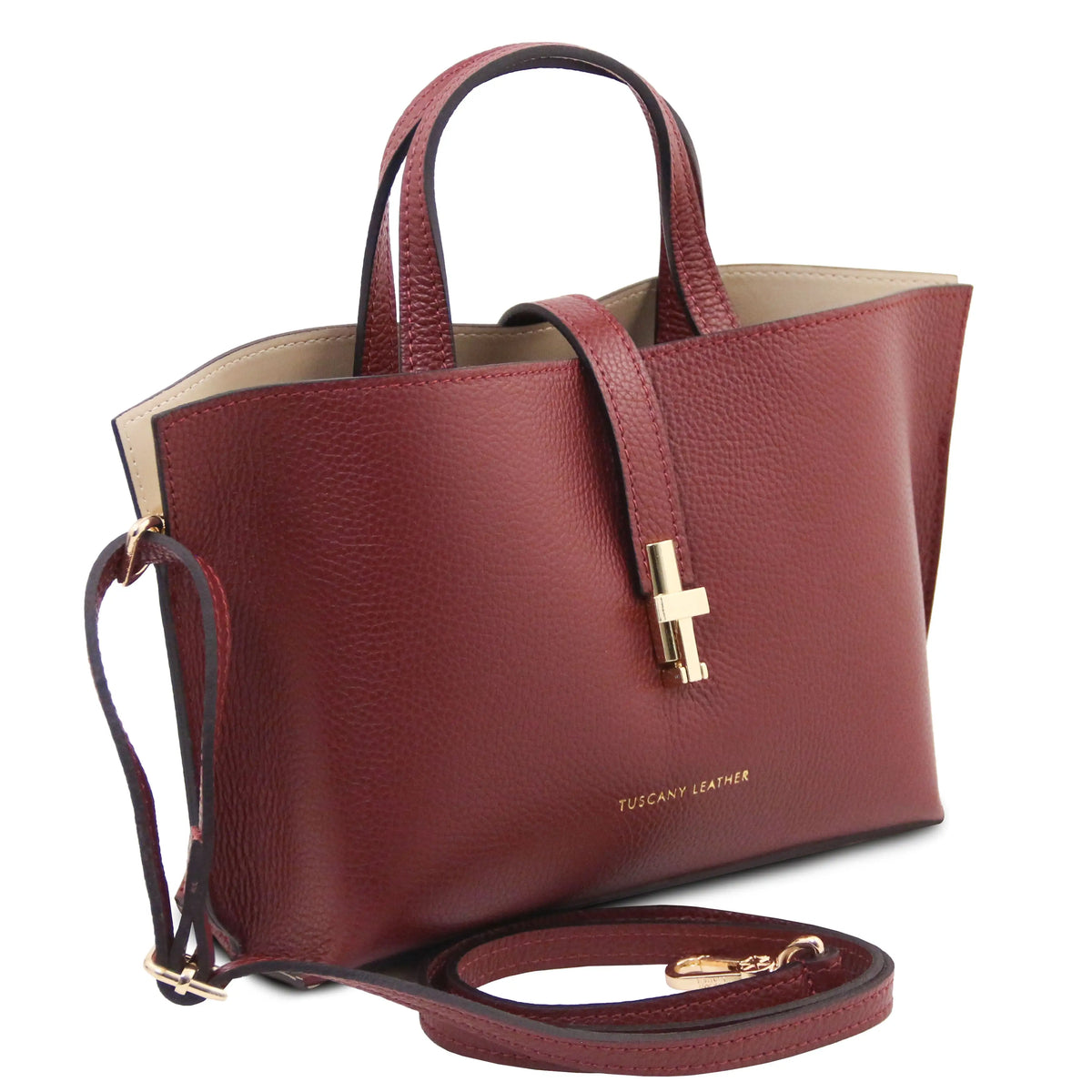 Front view Agatha Leather Handbag with shoulder strap bordeaux