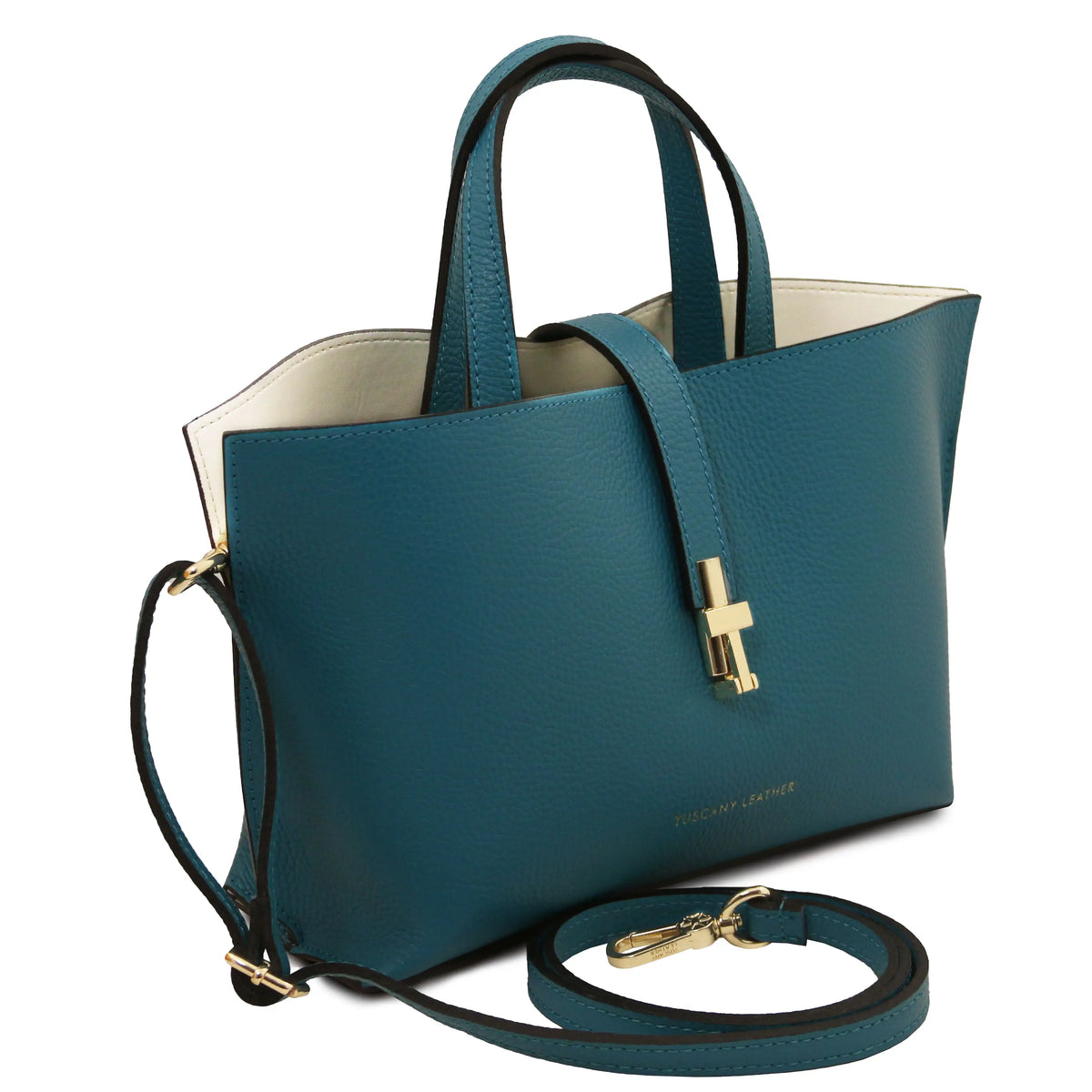 Front view Agatha Leather Handbag with shoulder strap in teal