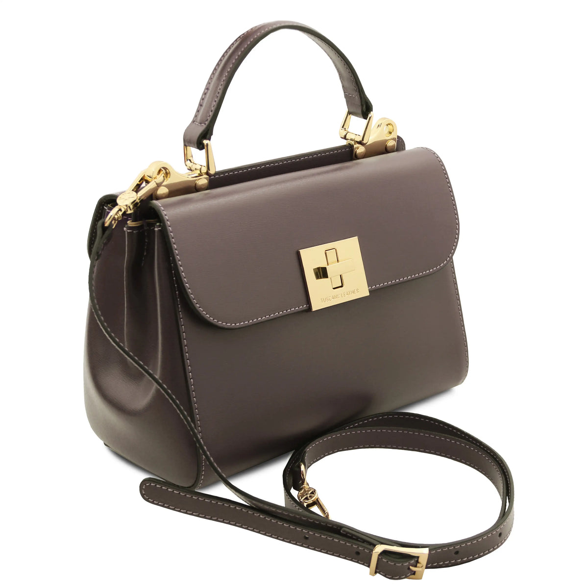 Front view Armonia Italian Leather Handbag in dark taupe with detachable shoulder strap