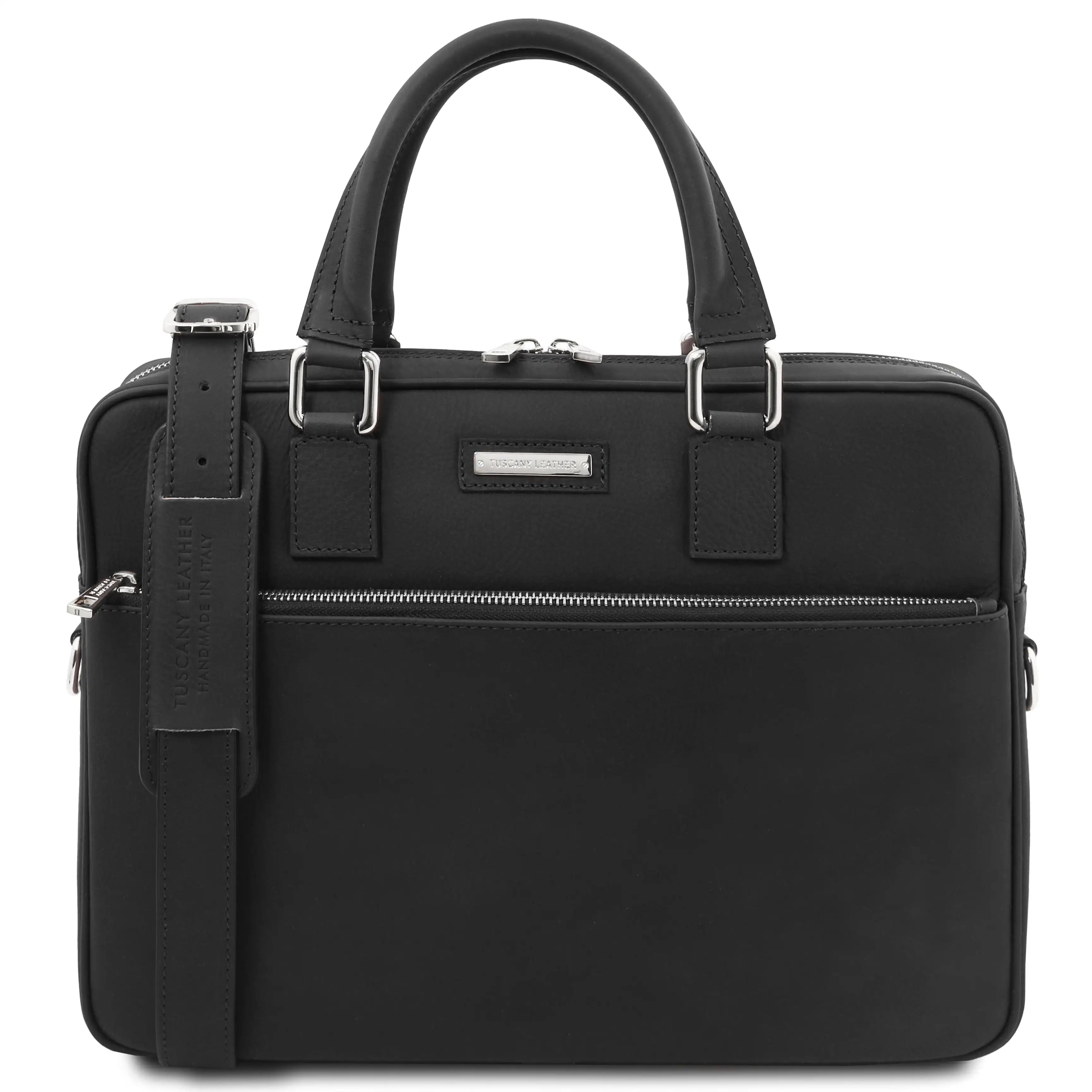 Black briefcase with multiple zippers on a white background