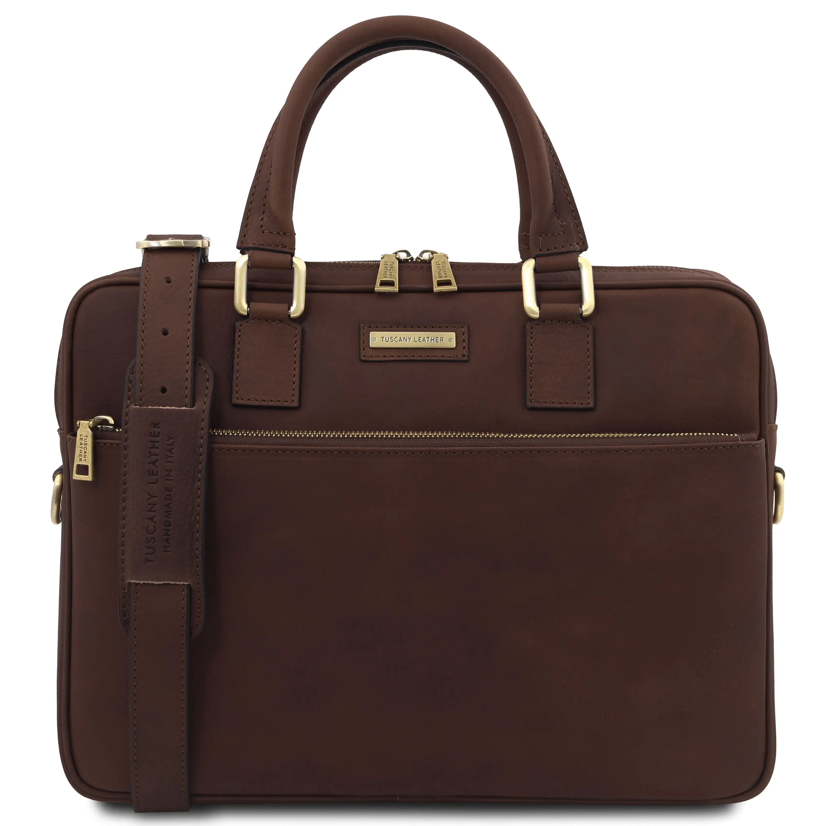 Front view Ferrara Leather Laptop Briefcase in dark brown on a white background