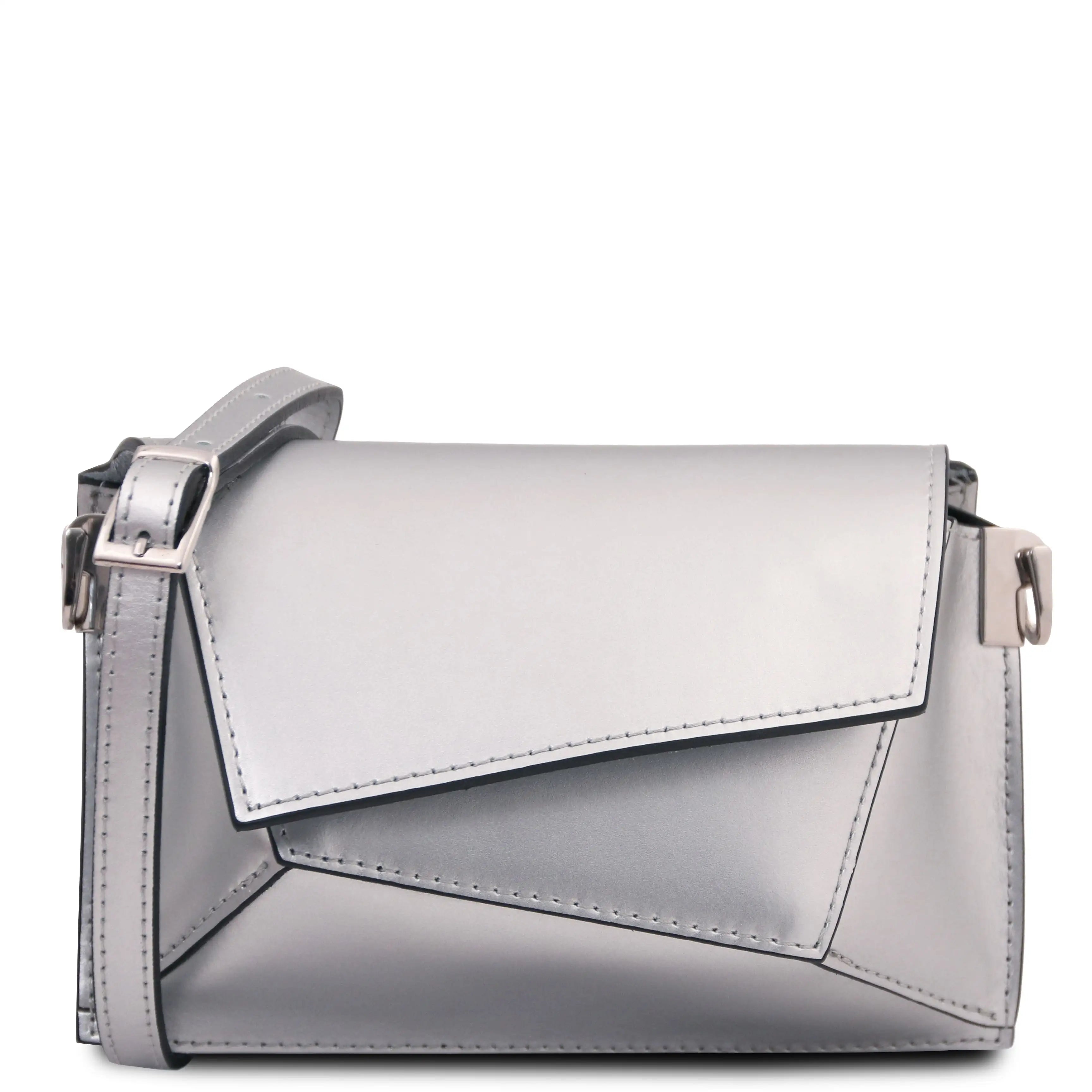 A silver metallic envelope-style shoulder bag with a structured flap closure, visible stitching, and a side strap, photographed on a plain white background.