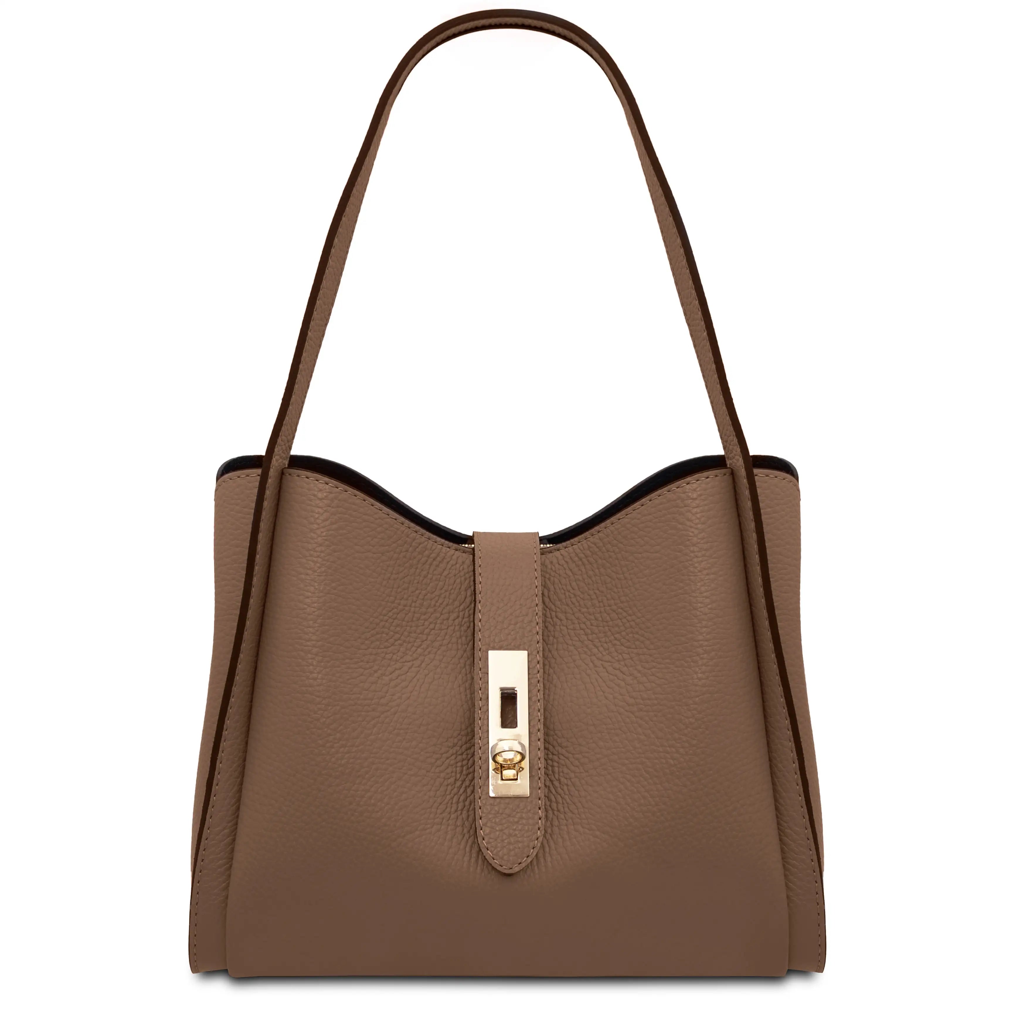 A dark taupe pebbled leather bag with a gold-tone turn-lock closure on the front flap and a black interior lining, shown against a plain white background.
