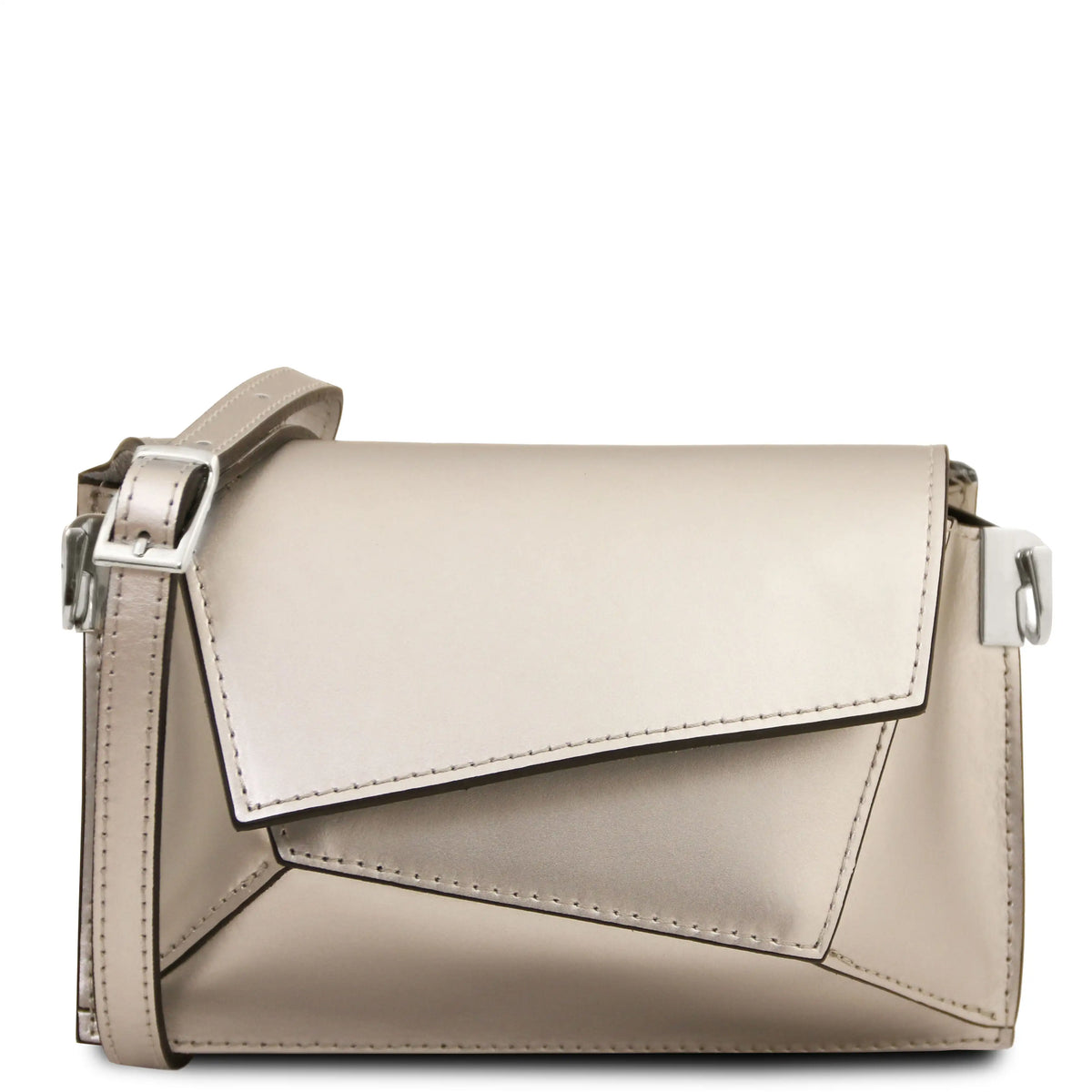 A structured leather shoulder bag in a champagne gold color with silver-tone hardware, shown against a plain white background.