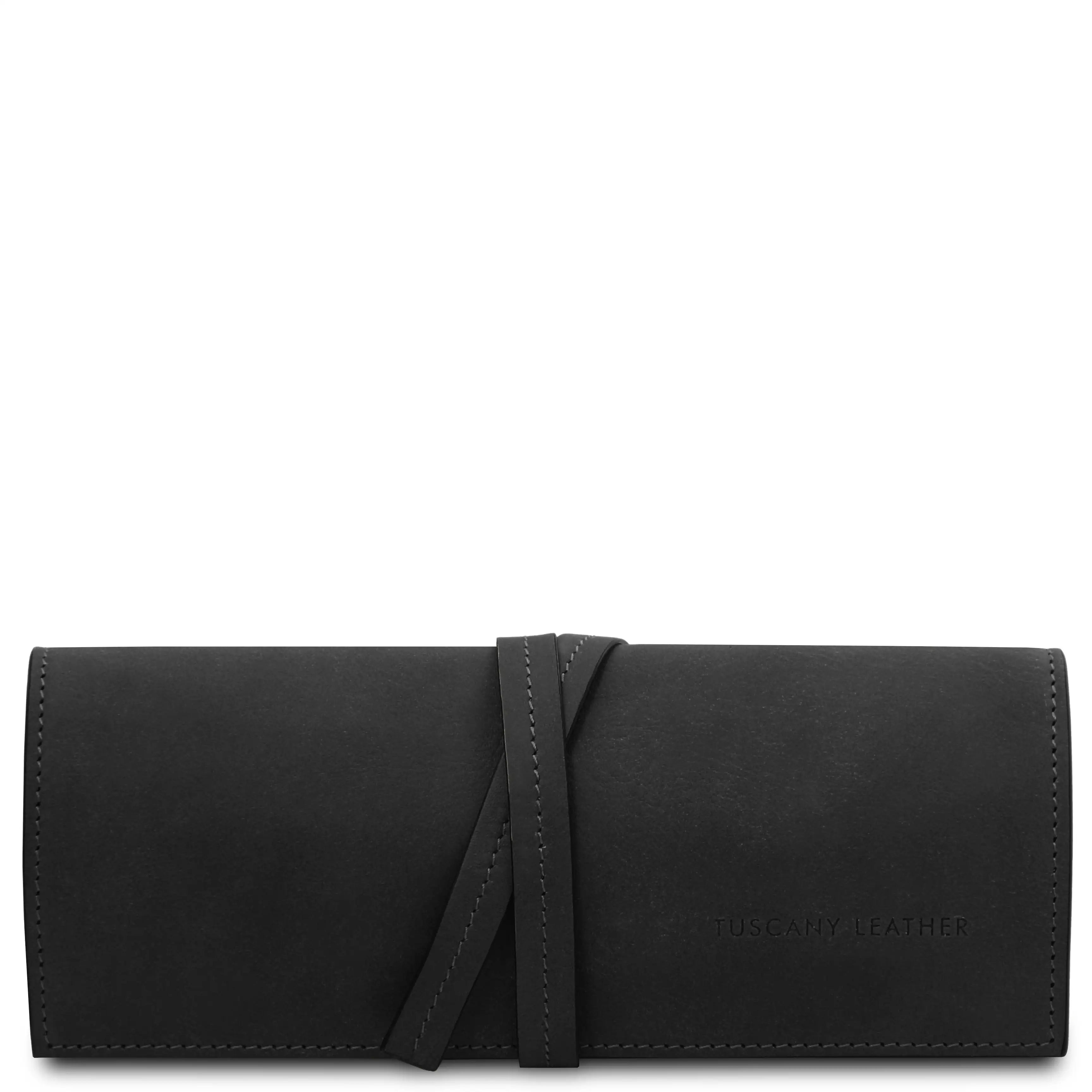 Front wrapped tie closure view Structured Italian Leather Jewelry Case in black