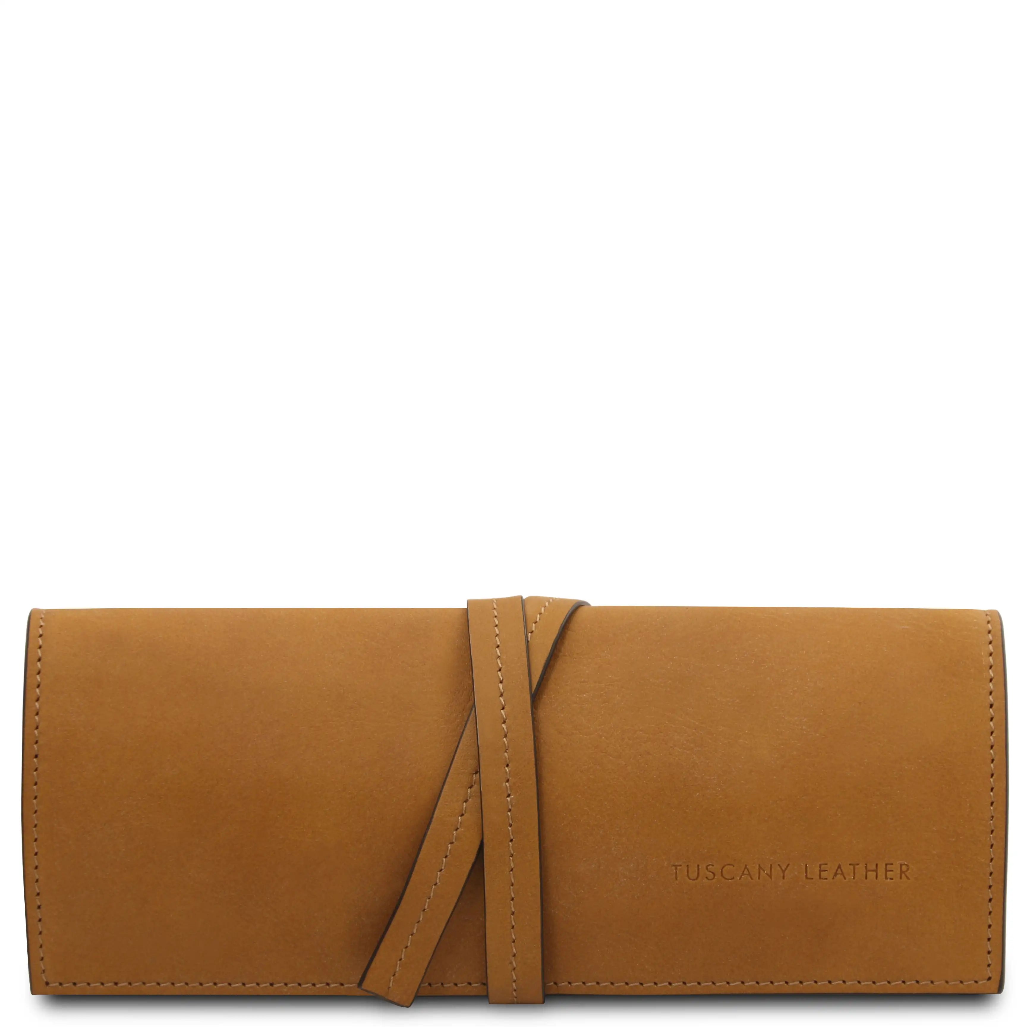 Front wrapped tie closure view Structured Italian Leather Jewelry Case in natural
