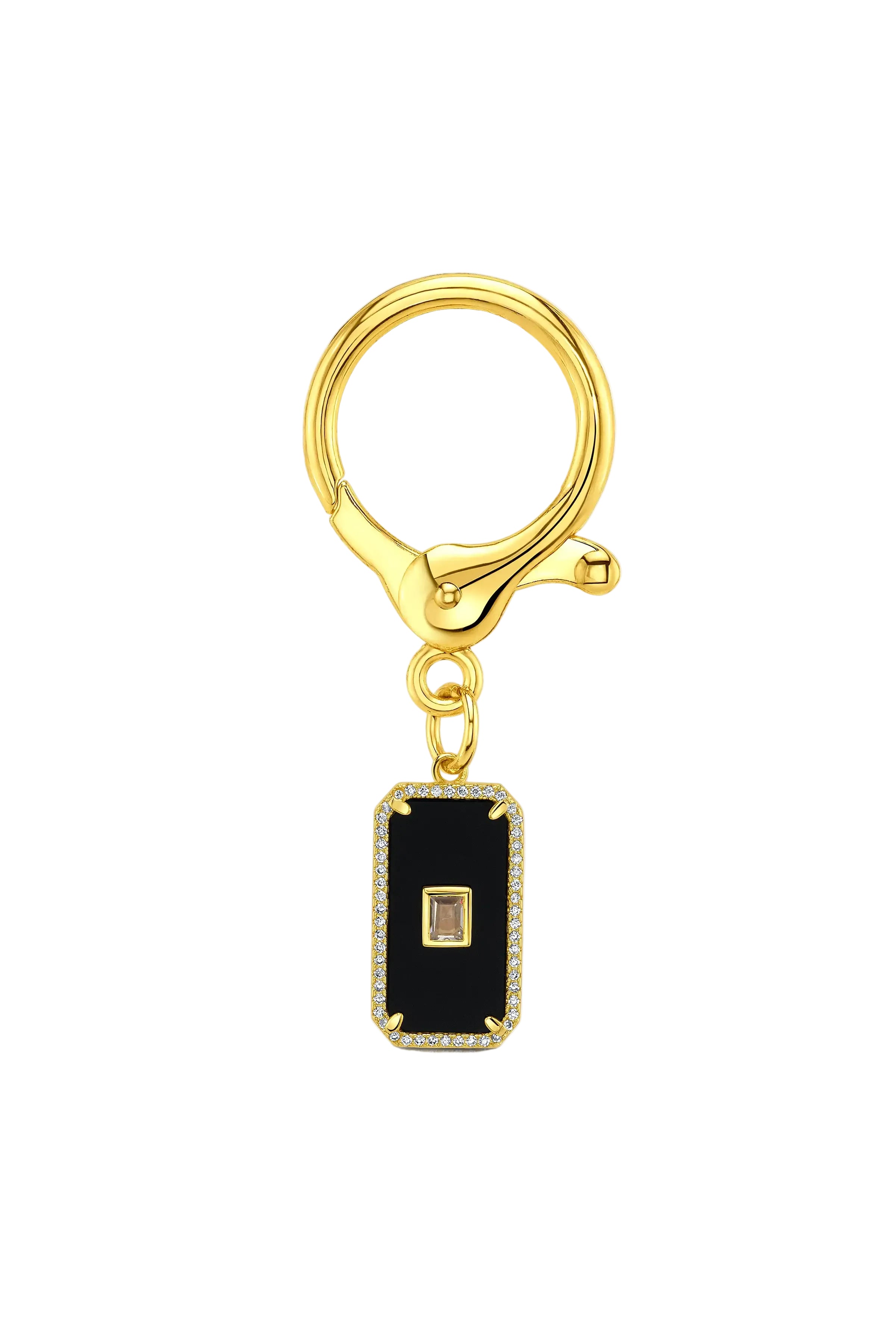 A gold-toned keychain or key ring with a rectangular black onyx pendant bordered by small clear CZ's and a central square gold with CZ'z accent, shown on a plain white background.